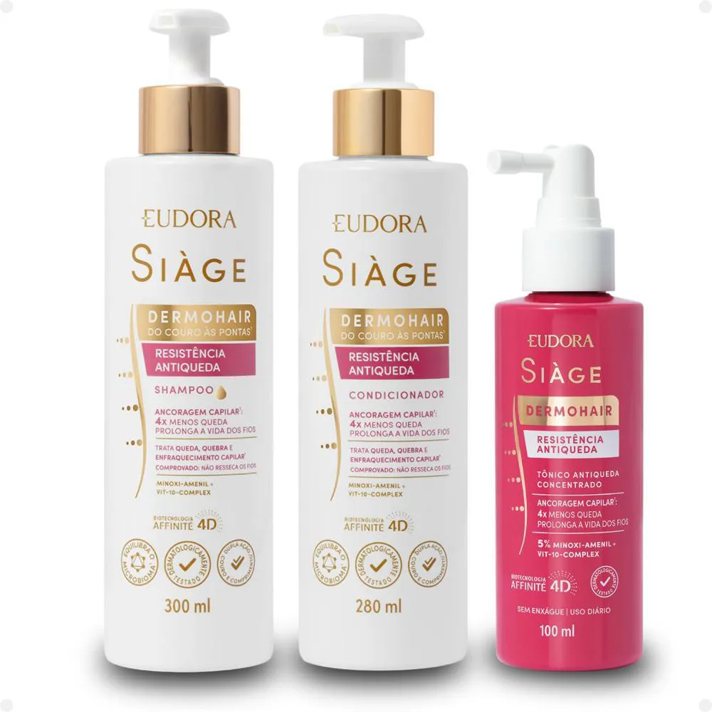 KIT EUDORA SIàGE DERMOHAIR RESISTêNCIA ANTIQUEDA: SHAMPOO, CONDICIONADOR E TôNICO