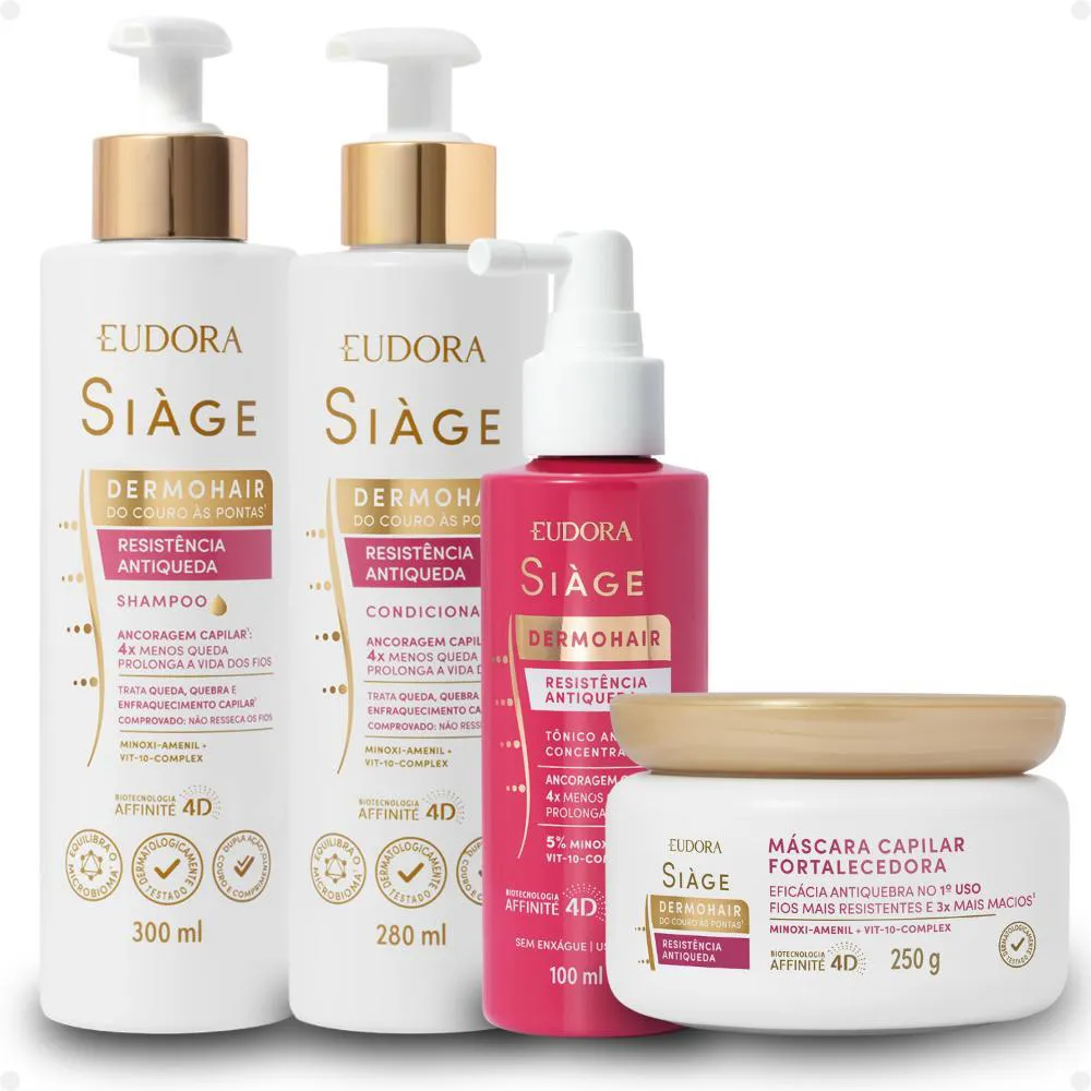 KIT EUDORA SIàGE DERMOHAIR RESISTêNCIA ANTIQUEDA: SHAMPOO, CONDICIONADOR, MáSCARA E TôNICO