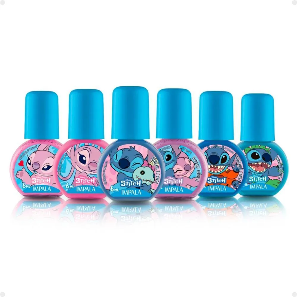 KIT IMPALA DISNEY STITCH 6 ESMALTES: ALOHA, BRILHO ANGELICAL, ALOHA QUER FAMíLIA, EXPERIêNCIA 626, NUNCA ABANDONAR, AMIZADE DE OUTRO PLANETA
