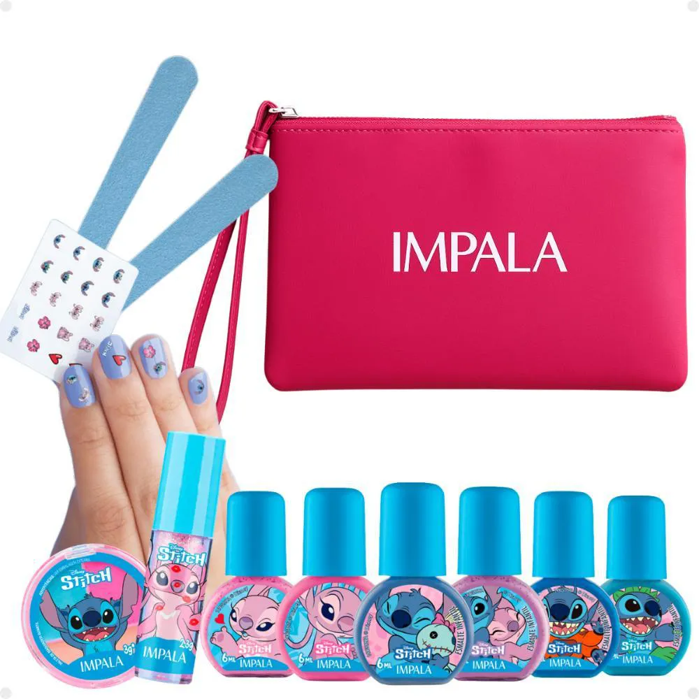 KIT IMPALA STITCH COM 10 ITENS + MIMO: 6 ESMALTES, LIXA, ADESIVO, PALETA E BRILHO LABIAL