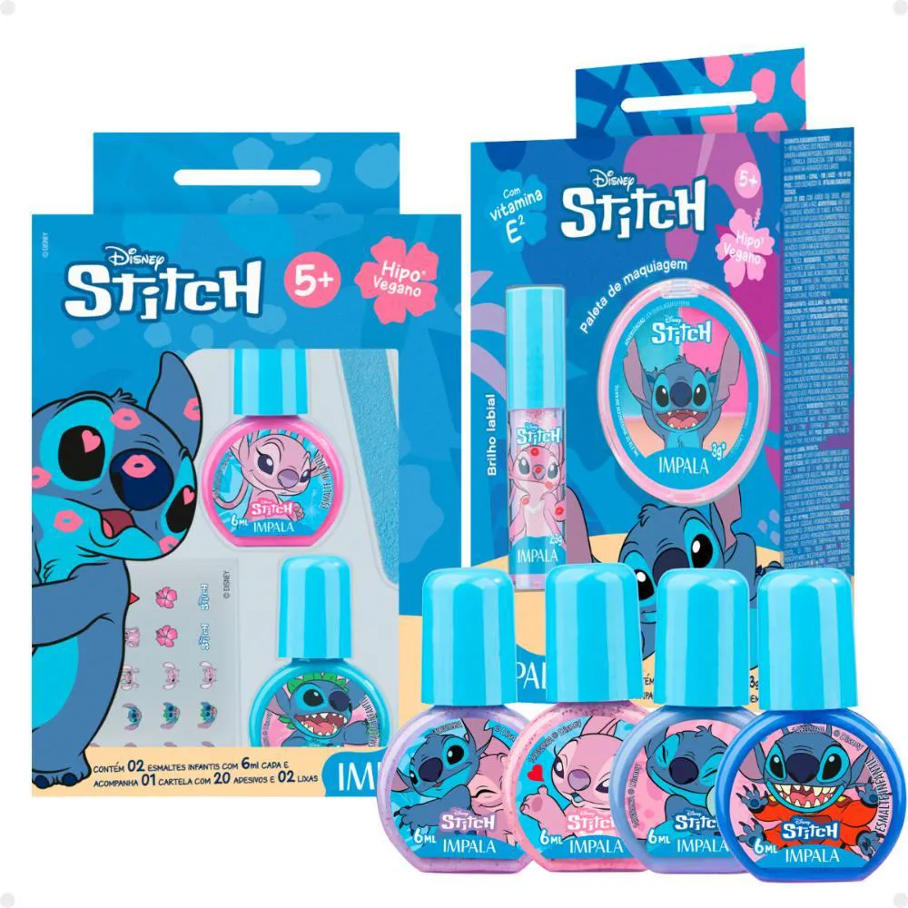 KIT IMPALA STITCH COMPLETO COM 10 ITENS: 6 ESMALTES, LIXA, ADESIVO, PALETA E BRILHO LABIAL