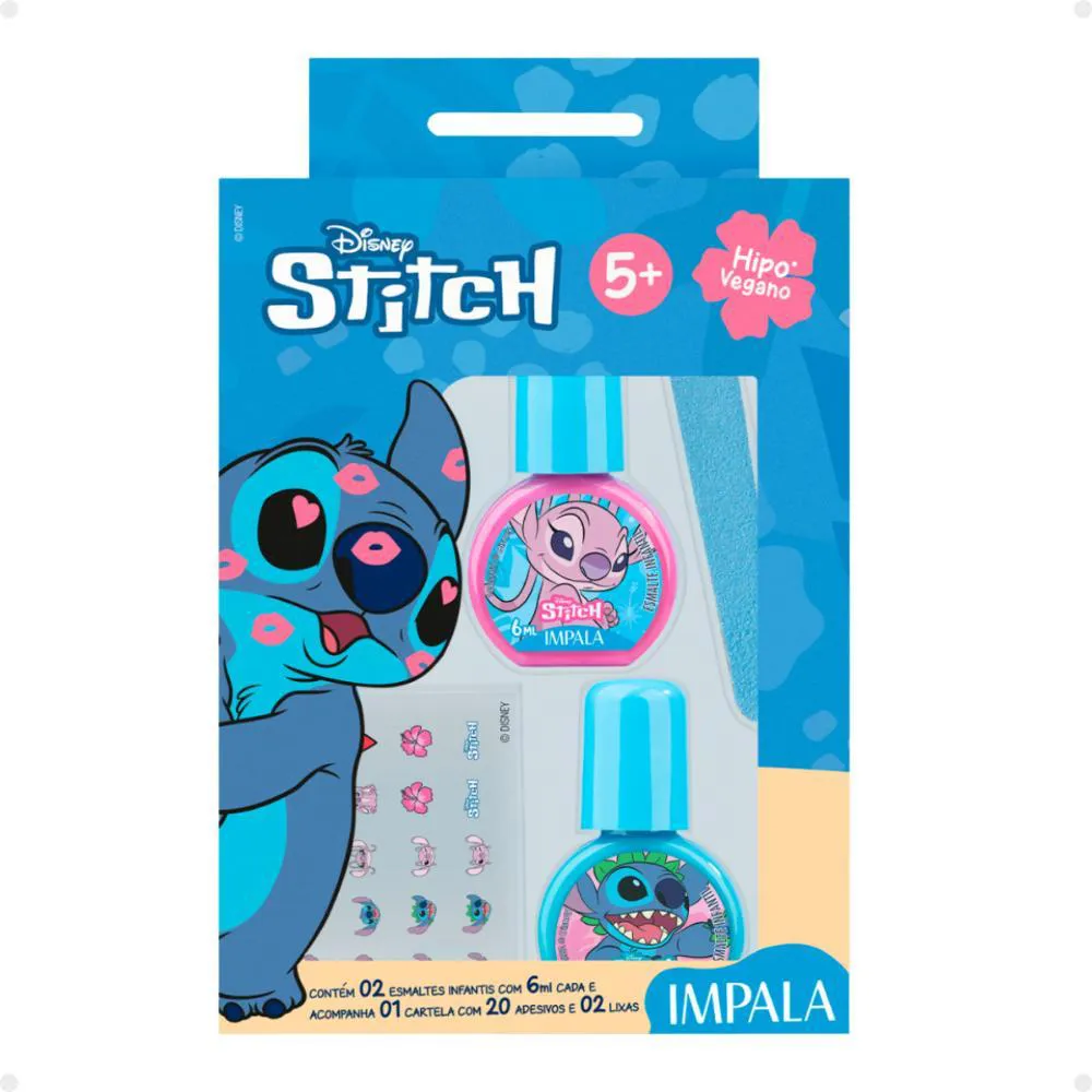KIT IMPALA STITCH: 1 CARTELA DE ADESIVOS, 2 LIXAS E 2 ESMALTES