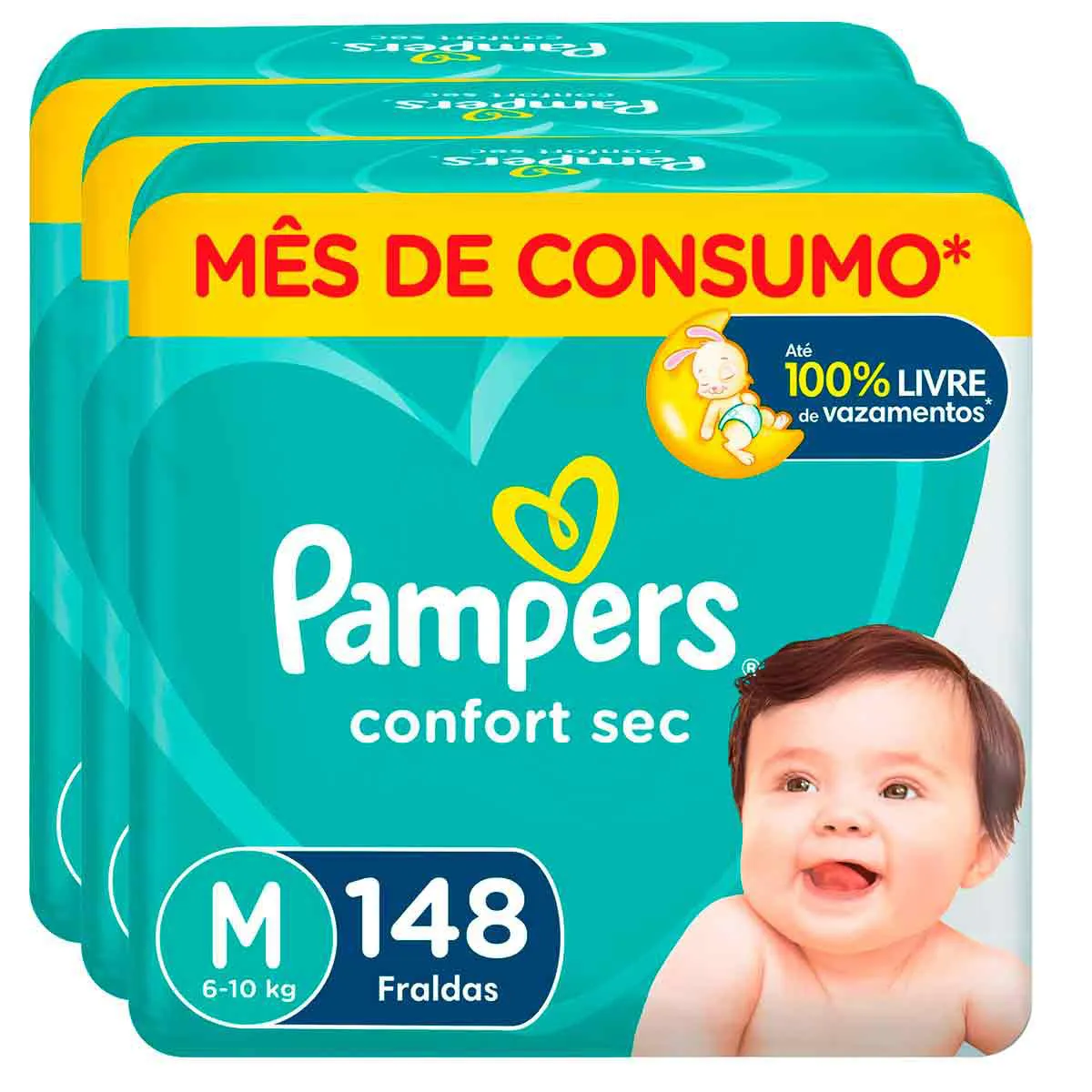 Kit Fralda Pampers Confort Sec M 3 Pacotes com 148 unidades cada