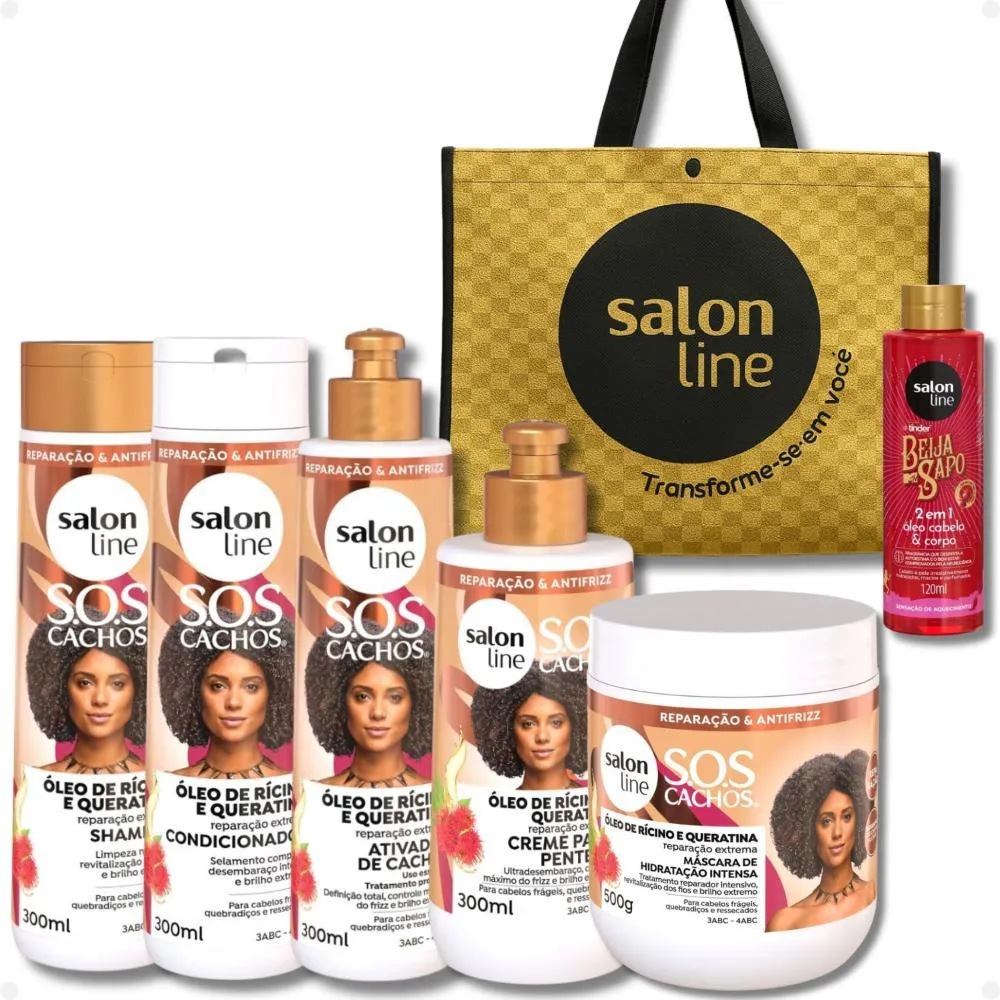 KIT SALON LINE SOS CACHOS ÓLEO DE RíCINO E QUERATINA COMPLETO + MIMOS