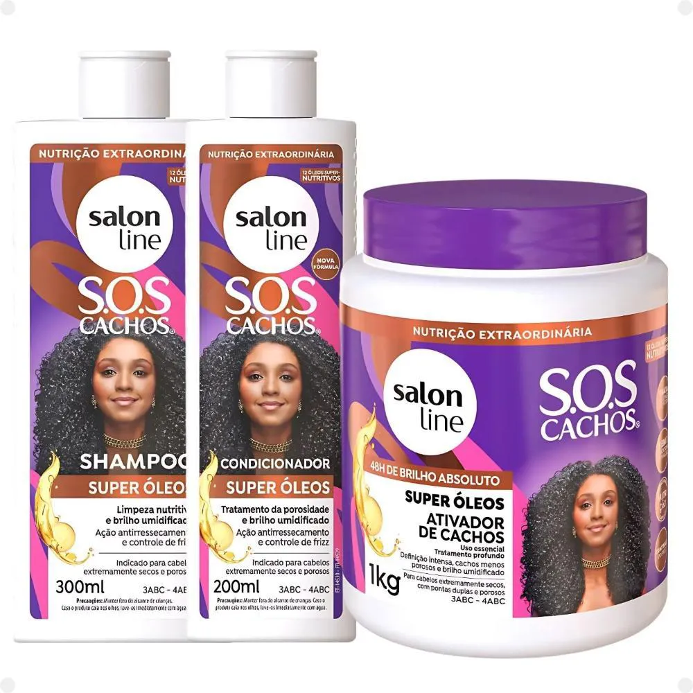 KIT SALON LINE SOS CACHOS SUPER ÓLEOS: SHAMPOO 300ML E CONDICIONADOR 200ML + ATIVADOR DE CACHOS 1KG