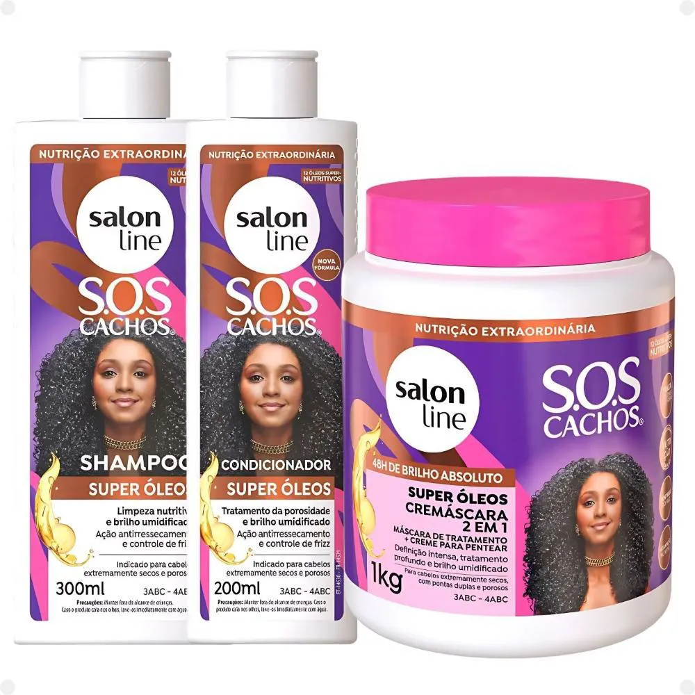 KIT SALON LINE SOS CACHOS SUPER ÓLEOS: SHAMPOO 300ML E CONDICIONADOR 200ML + CREMáSCARA 2 EM 1 1KG