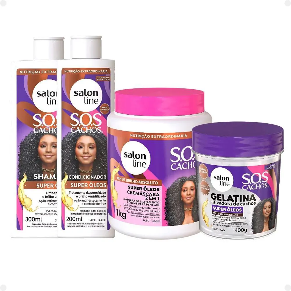 KIT SALON LINE SOS CACHOS SUPER ÓLEOS: SHAMPOO 300ML E CONDICIONADOR 200ML + CREMáSCARA 2 EM 1 1KG E GELEIA ATIVADORA DE CACHOS 400G