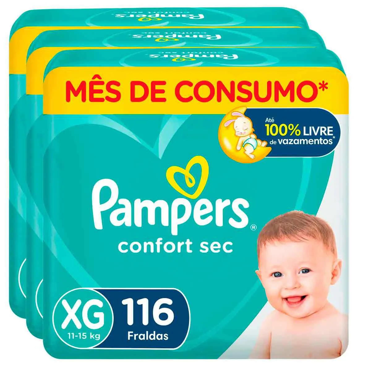 Kit Fralda Pampers Confort Sec XG 3 Pacotes com 116 unidades cada