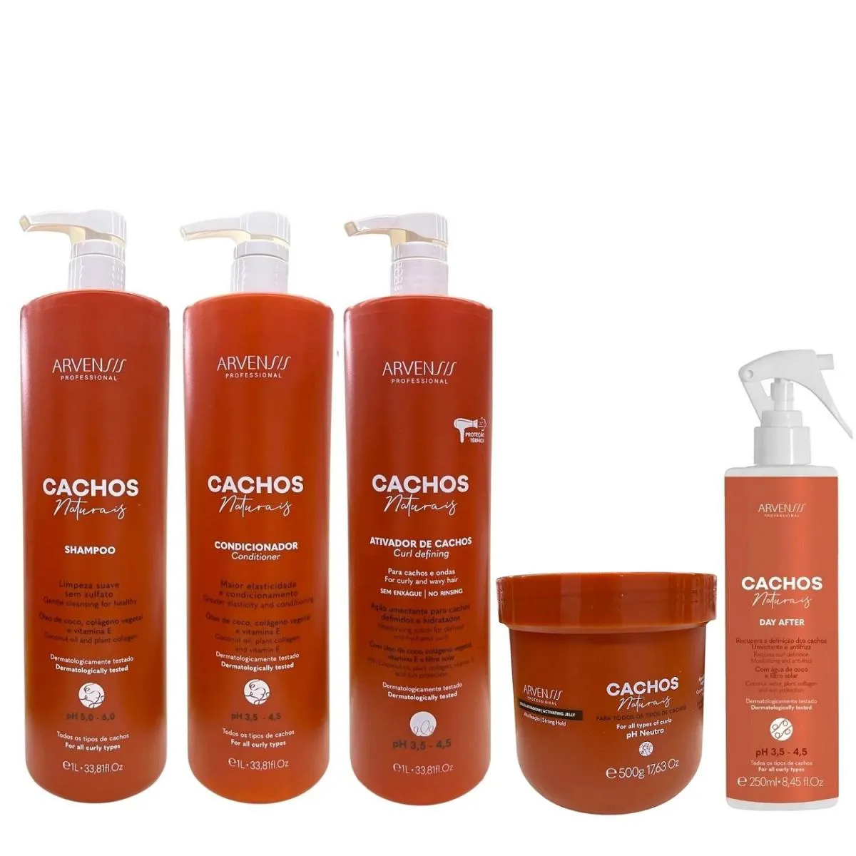 KIT ARVENSIS CACHOS - SHAMPOO 1L + CONDICIONADOR 1L + ATIVADOR DE CACHOS 1L + GELEIA ALTA FIXAçãO 500G + DAY AFTER 250ML