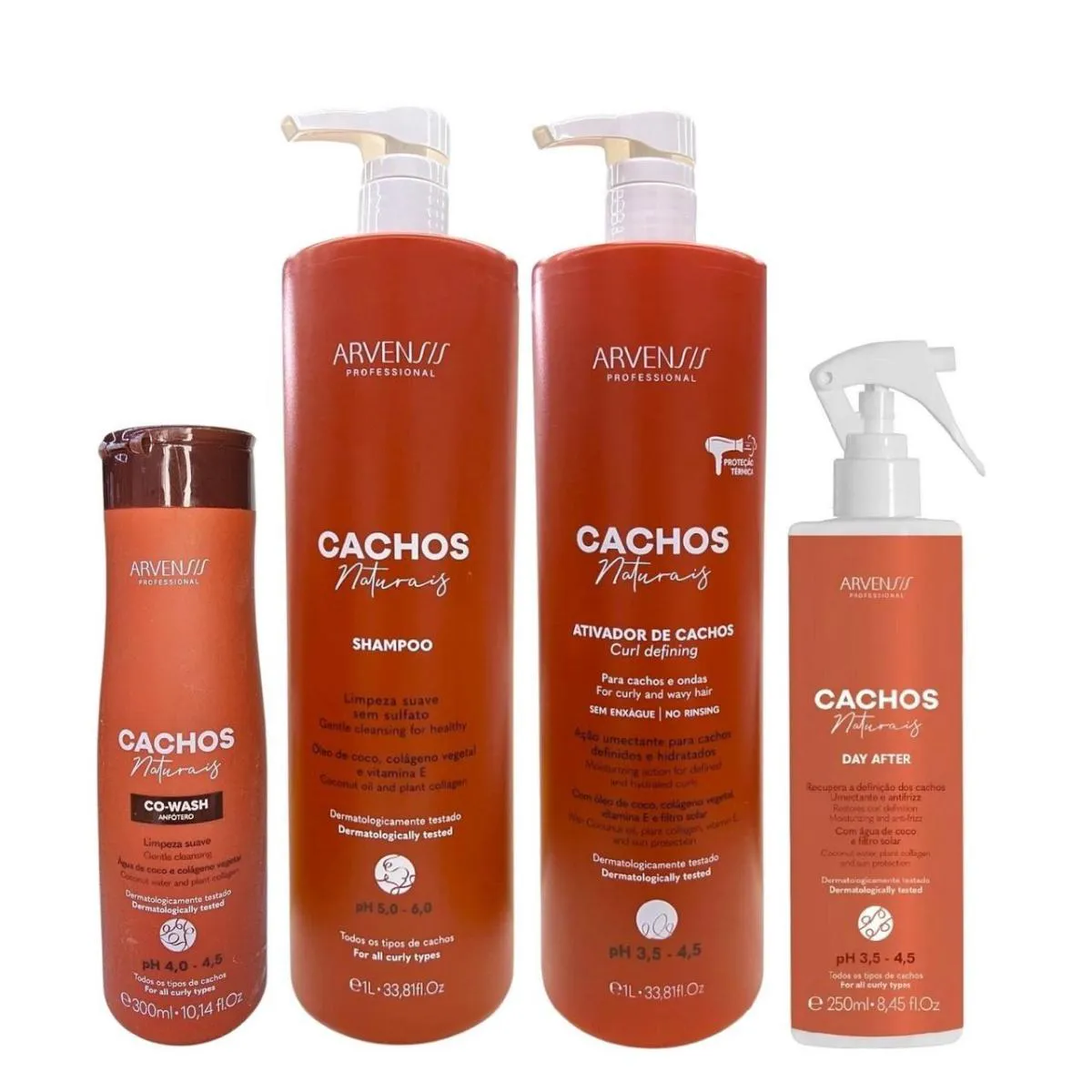 KIT ARVENSIS CACHOS NATURAIS - SHAMPOO 1L + ATIVADOR DE CACHOS 1L + CO-WASH 300ML + DAY AFTER 250ML
