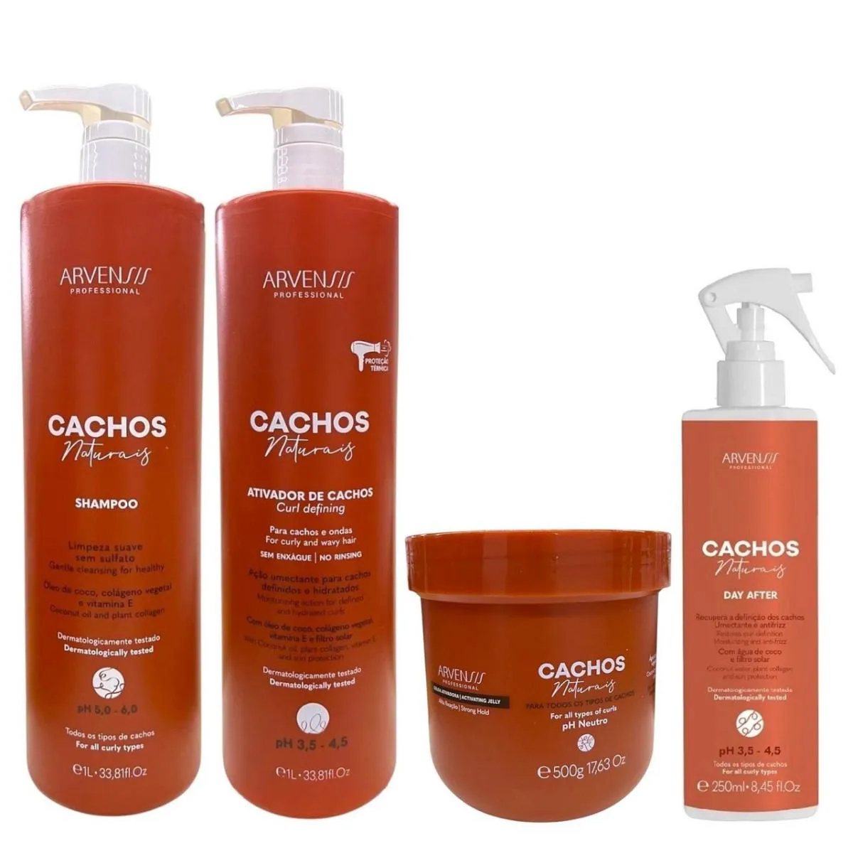KIT ARVENSIS CACHOS NATURAIS - SHAMPOO 1L + ATIVADOR DE CACHOS 1L + GELEIA ALTA FIXAçãO 500G + DAY AFTER 250ML