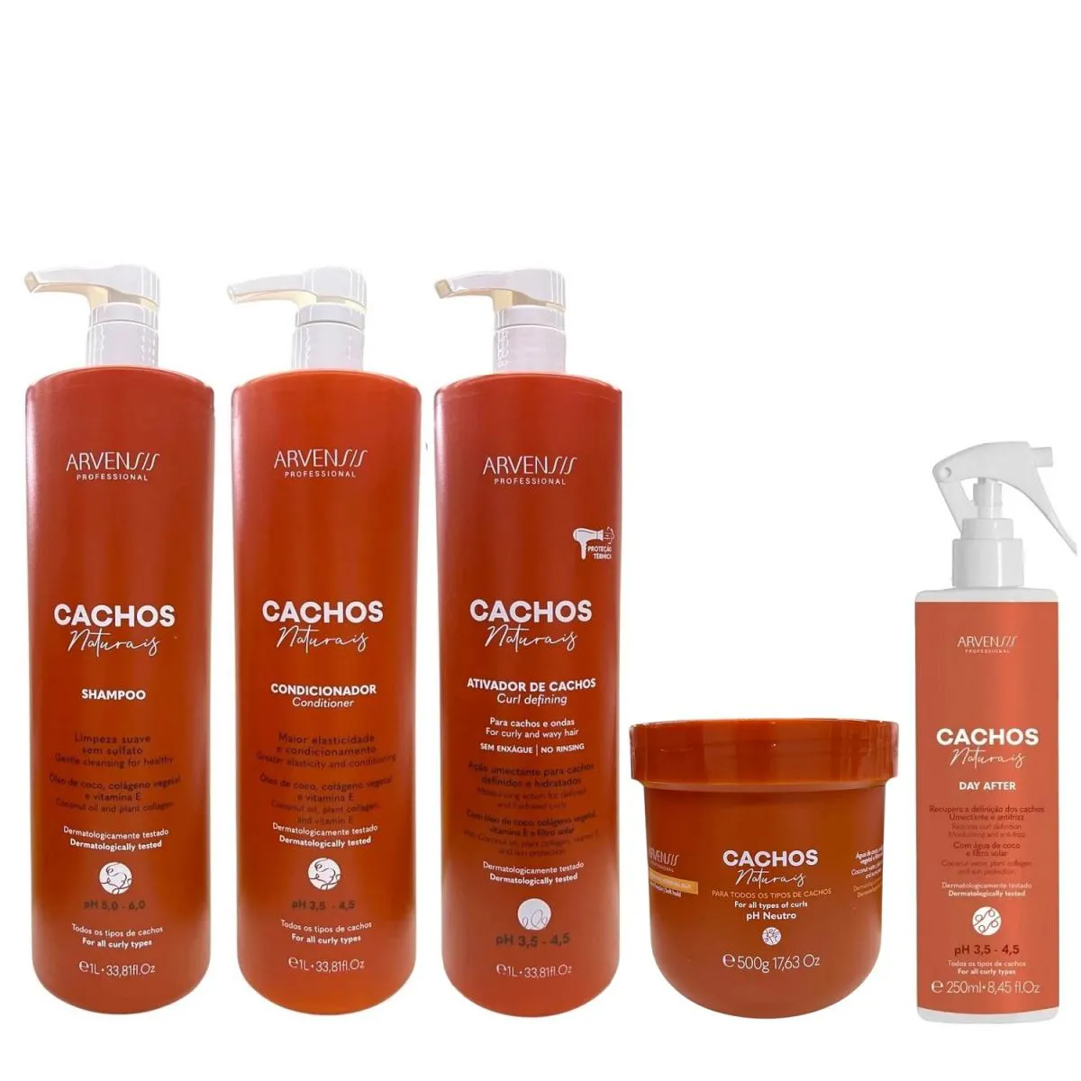 KIT ARVENSIS CACHOS NATURAIS - SHAMPOO 1L + CONDICIONADOR 1L + ATIVADOR DE CACHOS 1L + GELEIA 500G + DAY AFTER 250ML