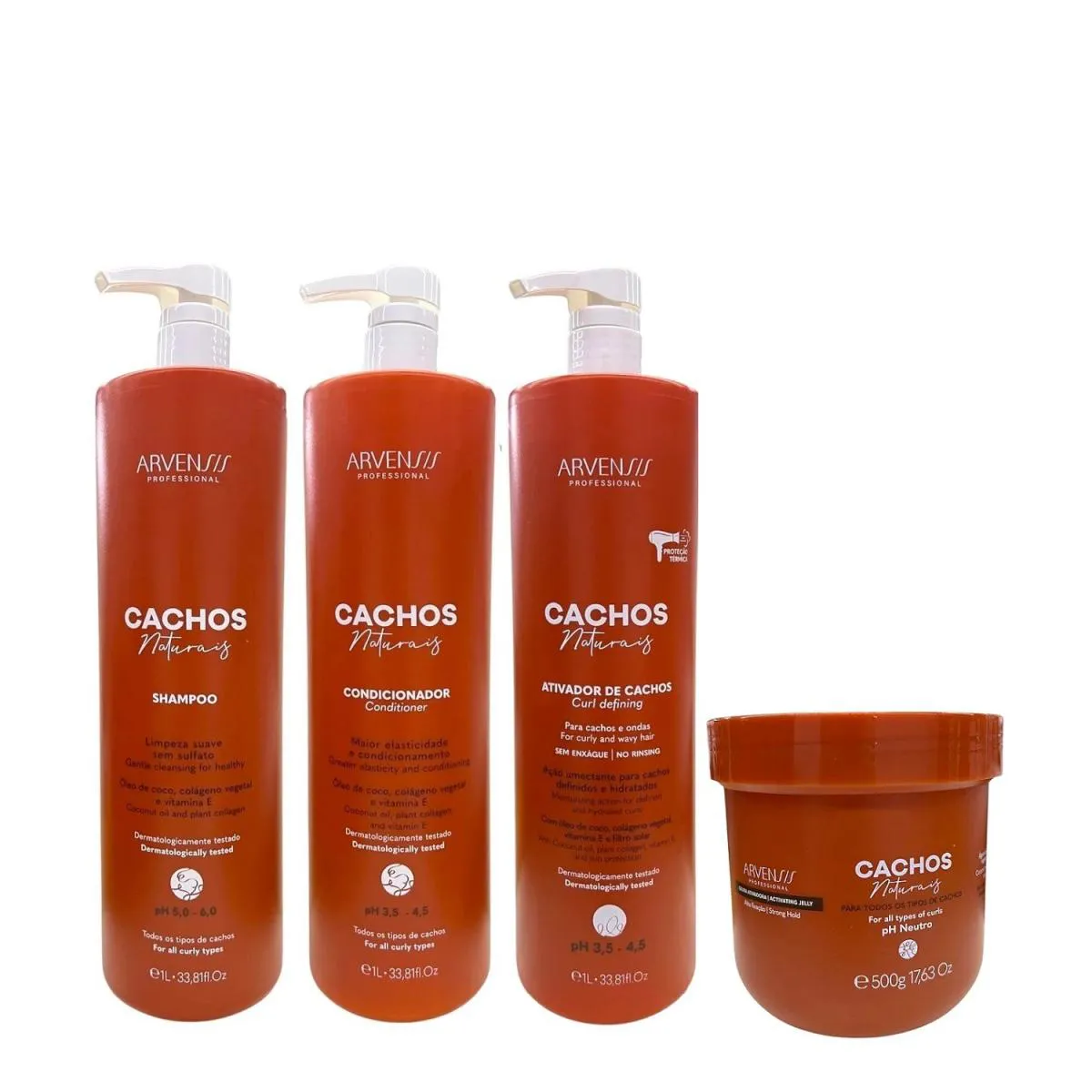 KIT ARVENSIS CACHOS NATURAIS - SHAMPOO 1L + CONDICIONADOR 1L + ATIVADOR DE CACHOS 1L + GELEIA ALTA FIXAçãO 500G