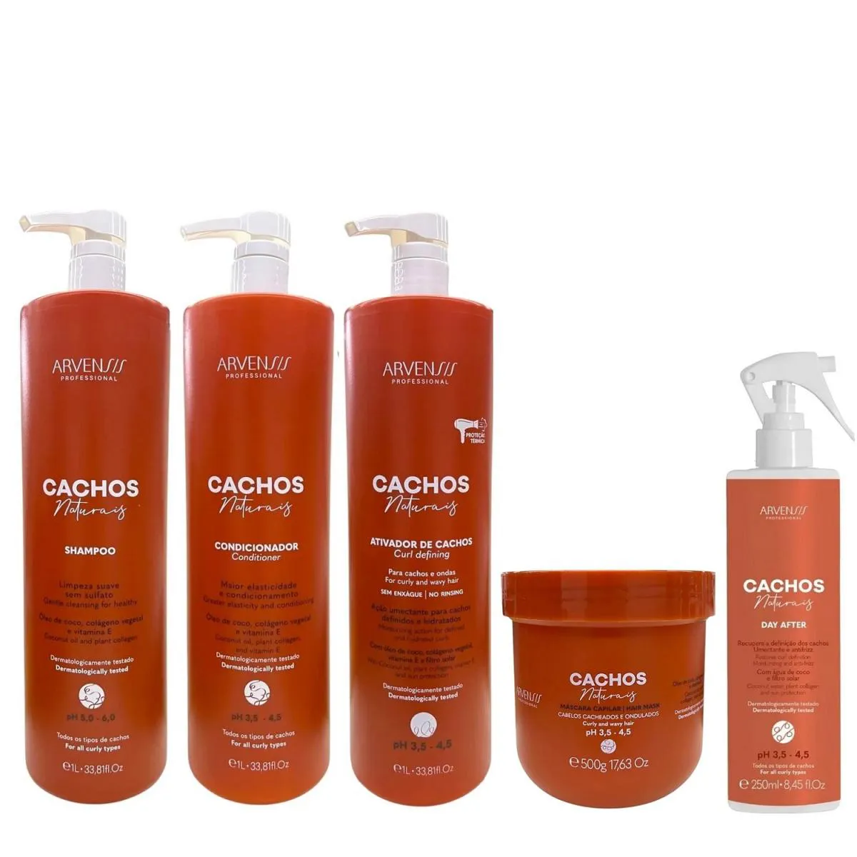 KIT ARVENSIS CACHOS NATURAIS - SHAMPOO 1L + CONDICIONADOR 1L + ATIVADOR DE CACHOS 1L + MáSCARA 500G + DAY  AFTER 250ML