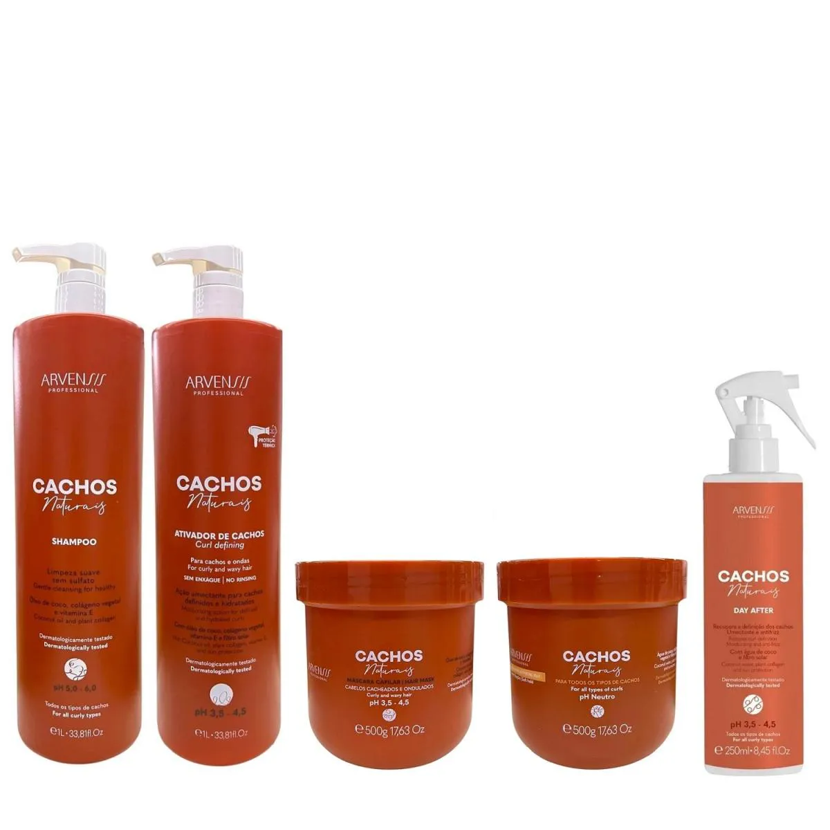 KIT ARVENSIS CACHOS NATURAIS-SHAMPOO 1L + ATIVADOR DE CACHOS 1L + MáSCARA 500G + GELEIA ATIVADORA 500G + DAY AFTER 250ML