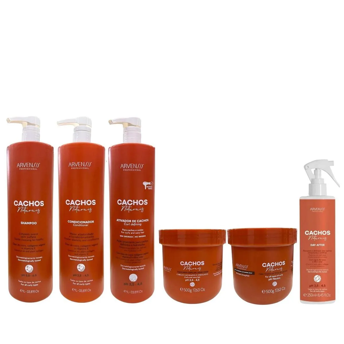 KIT ARVENSIS CACHOS-SHAMPOO 1L + CONDICIONADOR 1L + ATIVADOR DE CACHOS 1L + MáSCARA 500G + GELEIA 500G + DAY AFTER 250ML