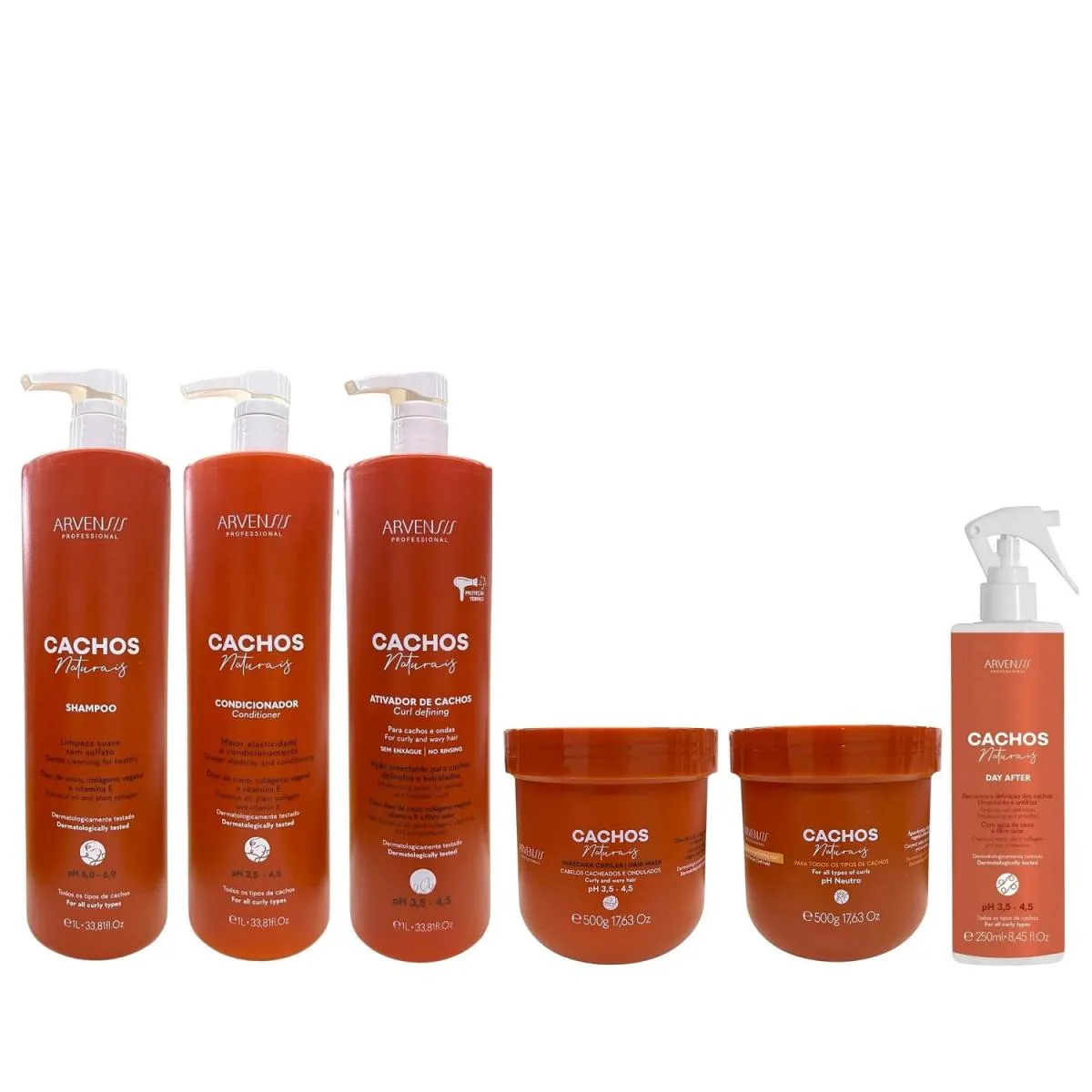 KIT ARVENSIS CACHOS-SHAMPOO 1L + CONDICIONADOR 1L + ATIVADOR DE CACHOS 1L + MáSCARA 500G + GELEIA ATIVADORA + DAY AFTER
