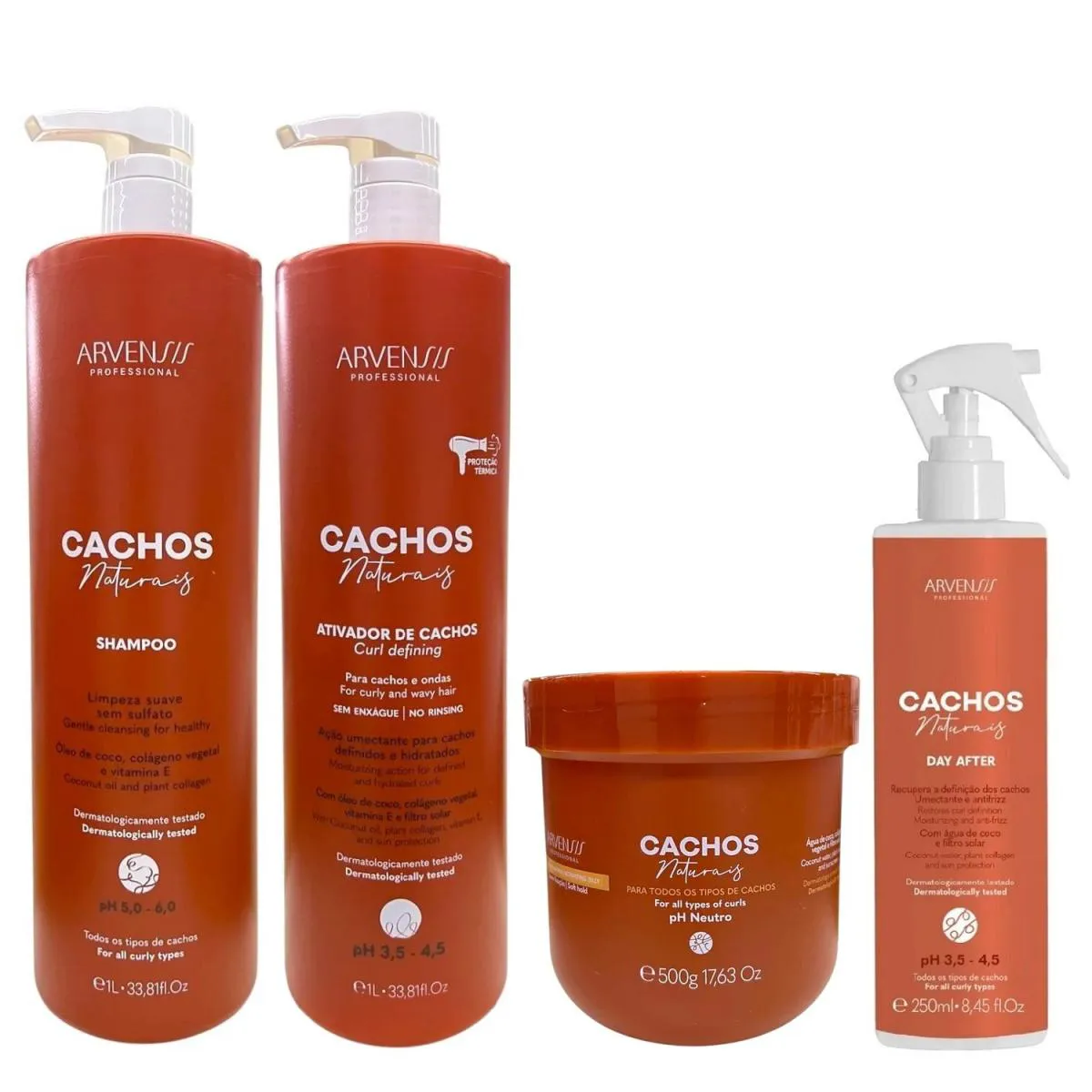 KIT ARVENSIS PROFESSIONAL CACHOS NATURAIS - SHAMPOO 1L + ATIVADOR DE CACHOS 1L + GELEIA ATIVADORA 500G + DAY AFTER 250ML