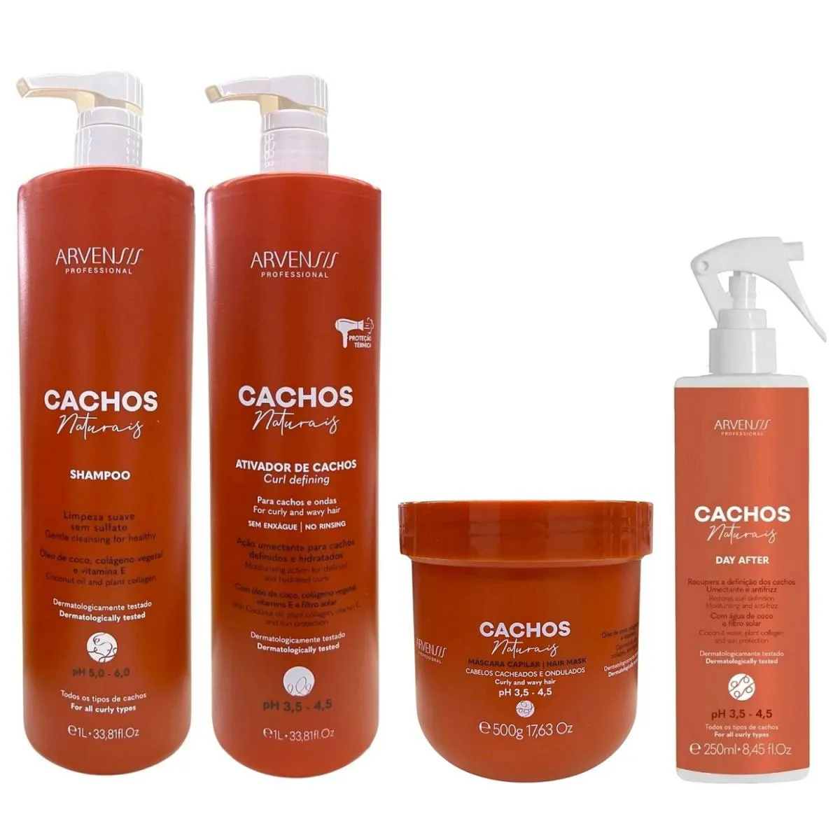 KIT ARVENSIS PROFESSIONAL CACHOS NATURAIS - SHAMPOO 1L + ATIVADOR DE CACHOS 1L + MáSCARA 500G + DAY AFTER 250ML