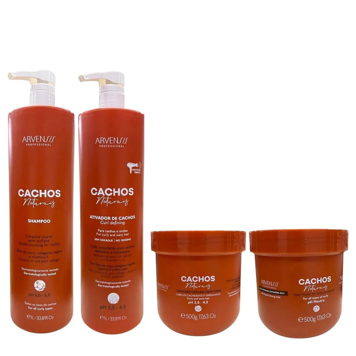 KIT ARVENSIS PROFESSIONAL CACHOS NATURAIS - SHAMPOO 1L + ATIVADOR DE CACHOS 1L + MáSCARA 500G + GELEIA ALTA FIXAçãO 500G