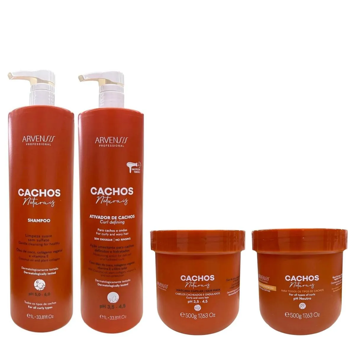 KIT ARVENSIS PROFESSIONAL CACHOS NATURAIS - SHAMPOO 1L + ATIVADOR DE CACHOS 1L + MáSCARA 500G + GELEIA ATIVADORA 500G