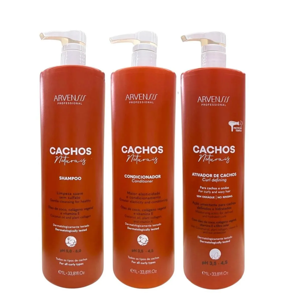 KIT ARVENSIS PROFESSIONAL CACHOS NATURAIS - SHAMPOO 1L + CONDICIONADOR 1L + ATIVADOR DE CACHOS 1L
