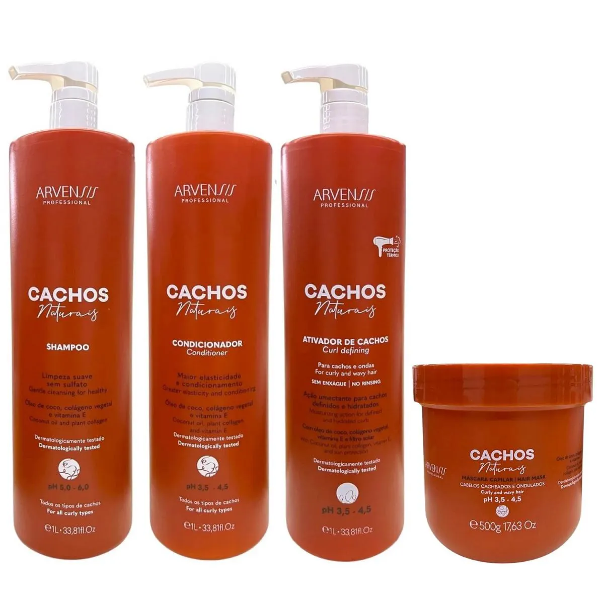 KIT ARVENSIS PROFESSIONAL CACHOS NATURAIS - SHAMPOO 1L + CONDICIONADOR 1L + ATIVADOR DE CACHOS 1L + MáSCARA 500G