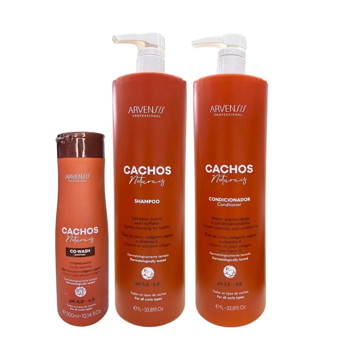 KIT ARVENSIS PROFESSIONAL CACHOS NATURAIS - SHAMPOO 1L + CONDICIONADOR 1L + CO-WASH 300ML