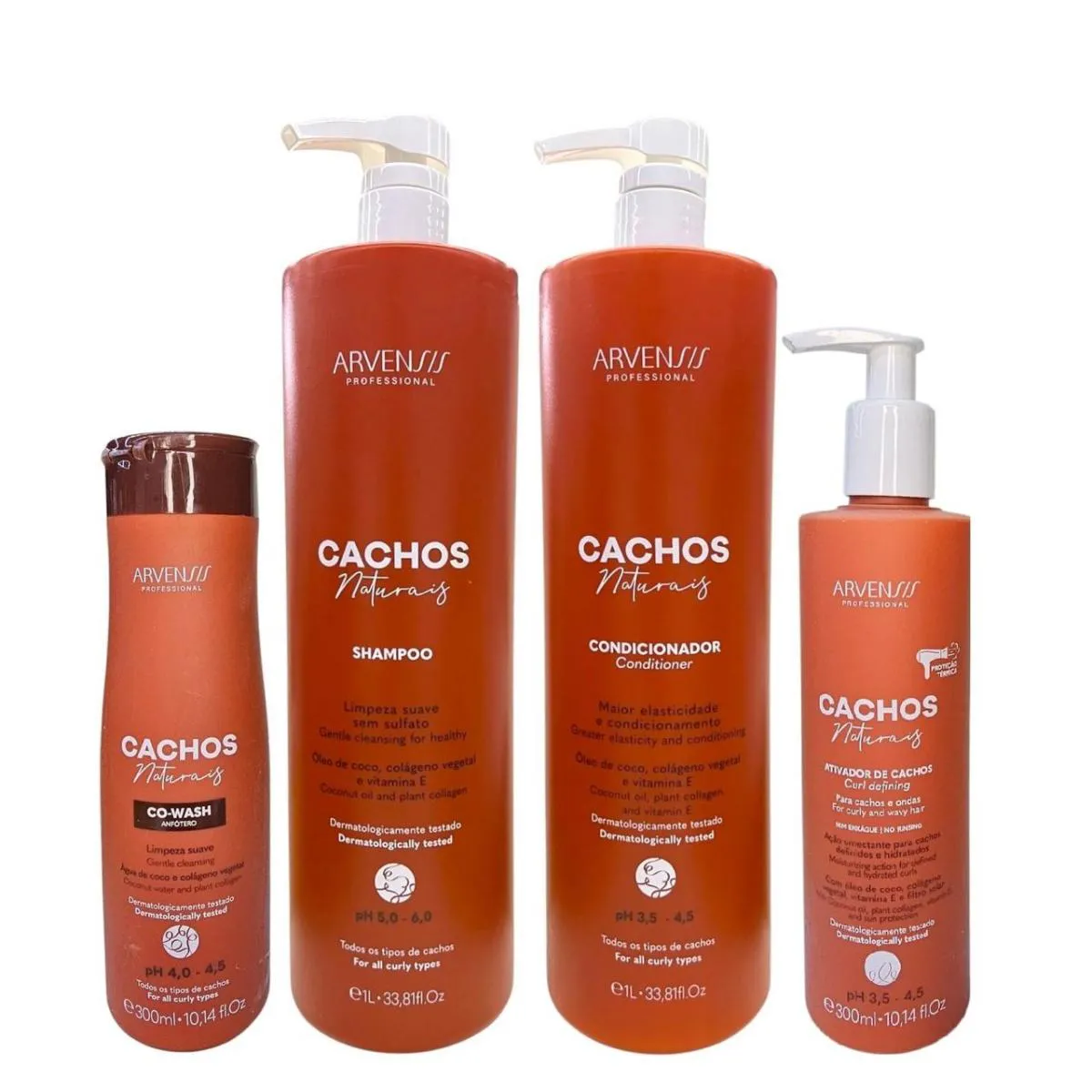 KIT ARVENSIS PROFESSIONAL CACHOS NATURAIS - SHAMPOO 1L + CONDICIONADOR 1L + CO-WASH 300ML + ATIVADOR DE CACHOS 300ML