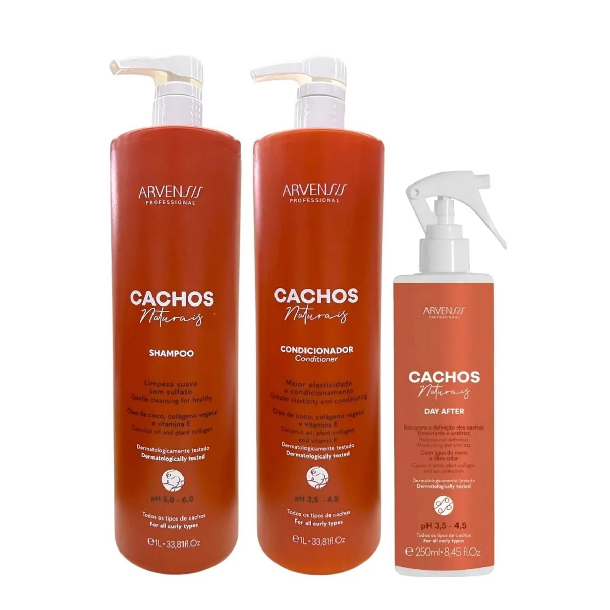 KIT ARVENSIS PROFESSIONAL CACHOS NATURAIS - SHAMPOO 1L + CONDICIONADOR 1L + DAY AFTER 250ML