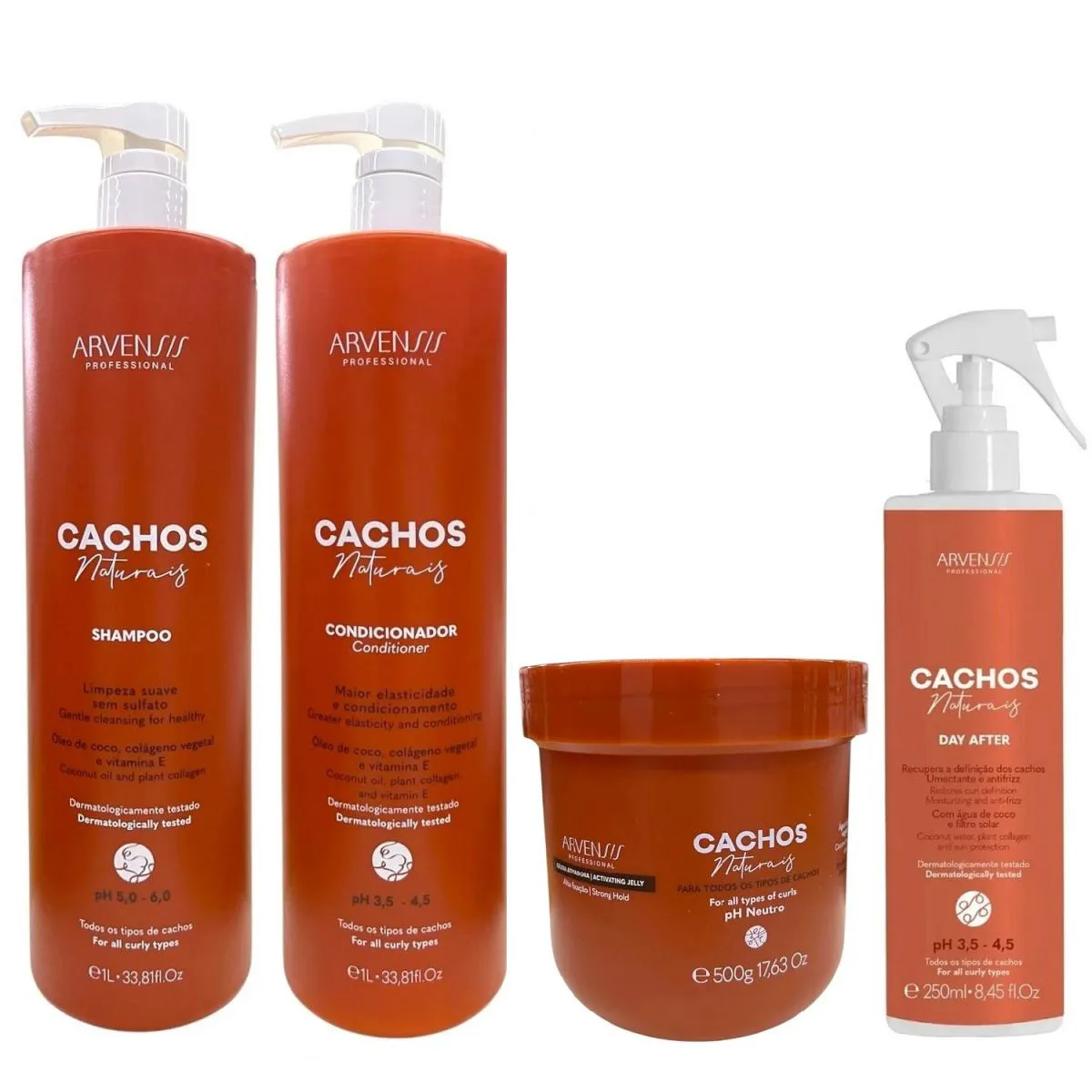 KIT ARVENSIS PROFESSIONAL CACHOS NATURAIS - SHAMPOO 1L + CONDICIONADOR 1L + GELEIA ALTA FIXAçãO 500G + DAY AFTER 250ML