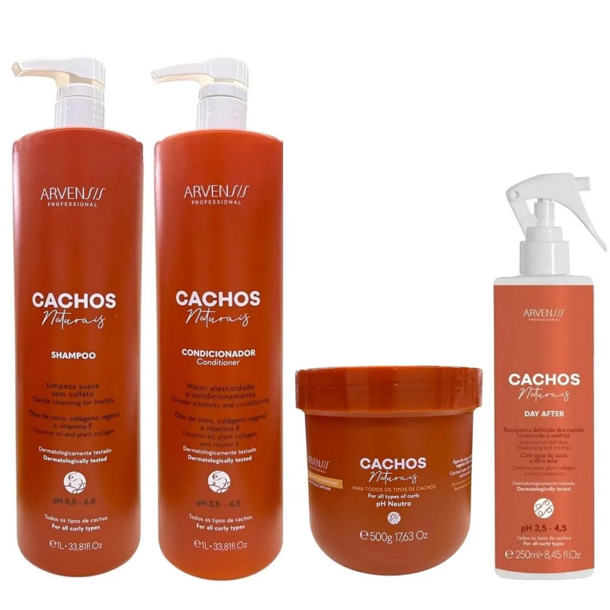 KIT ARVENSIS PROFESSIONAL CACHOS NATURAIS - SHAMPOO 1L + CONDICIONADOR 1L + GELEIA ATIVADORA 500G + DAY AFTER 250ML