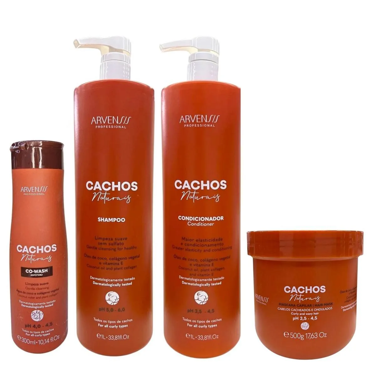 KIT ARVENSIS PROFESSIONAL CACHOS NATURAIS - SHAMPOO 1L + CONDICIONADOR 1L + MáSCARA 500G + CO-WASH 300ML