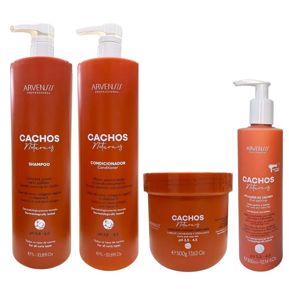 KIT ARVENSIS PROFESSIONAL CACHOS NATURAIS - SHAMPOO 1L + CONDICIONADOR 1L + MáSCARA 500G + ATIVADOR DE CACHOS 300ML
