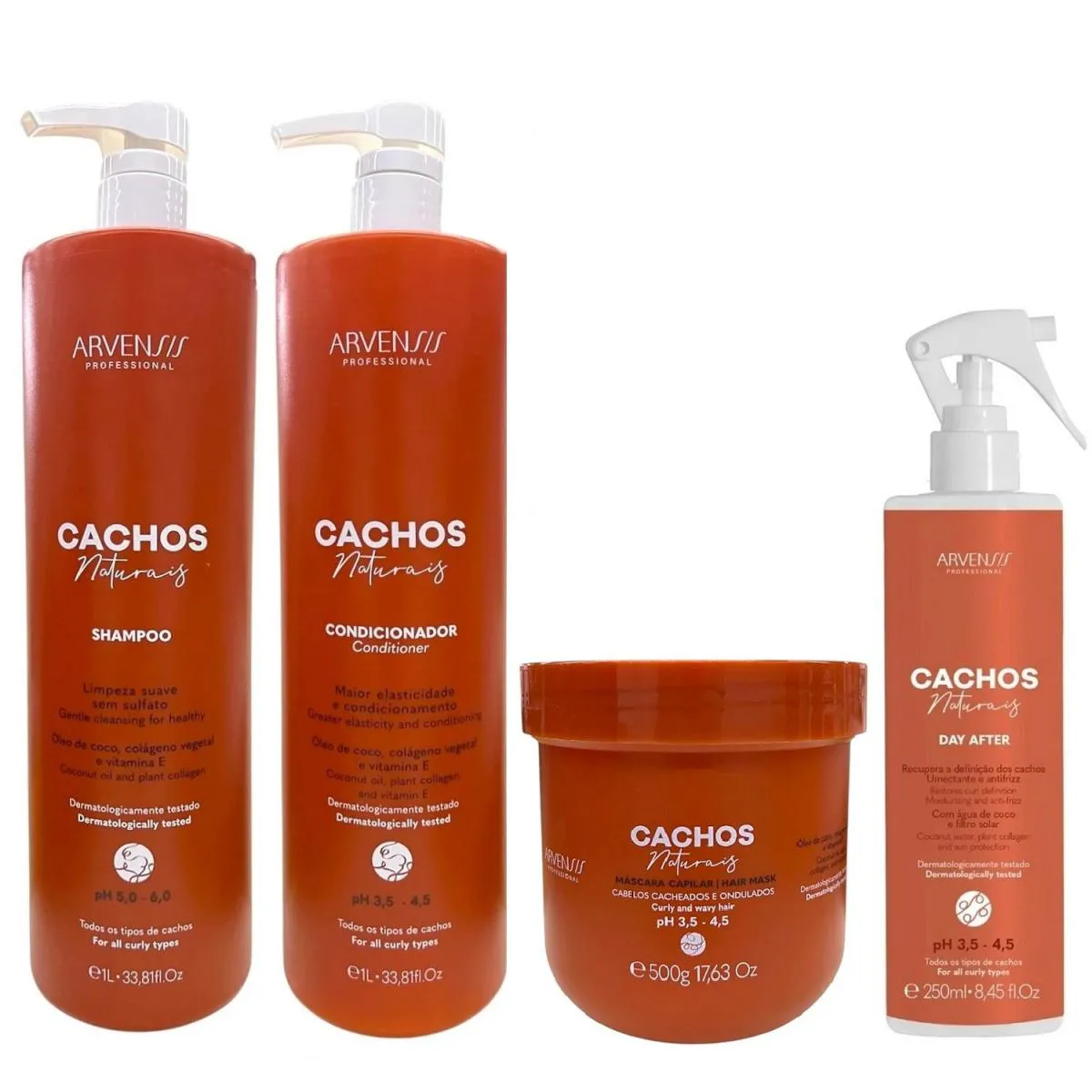 KIT ARVENSIS PROFESSIONAL CACHOS NATURAIS - SHAMPOO 1L + CONDICIONADOR 1L + MáSCARA 500G + DAY AFTER 250ML