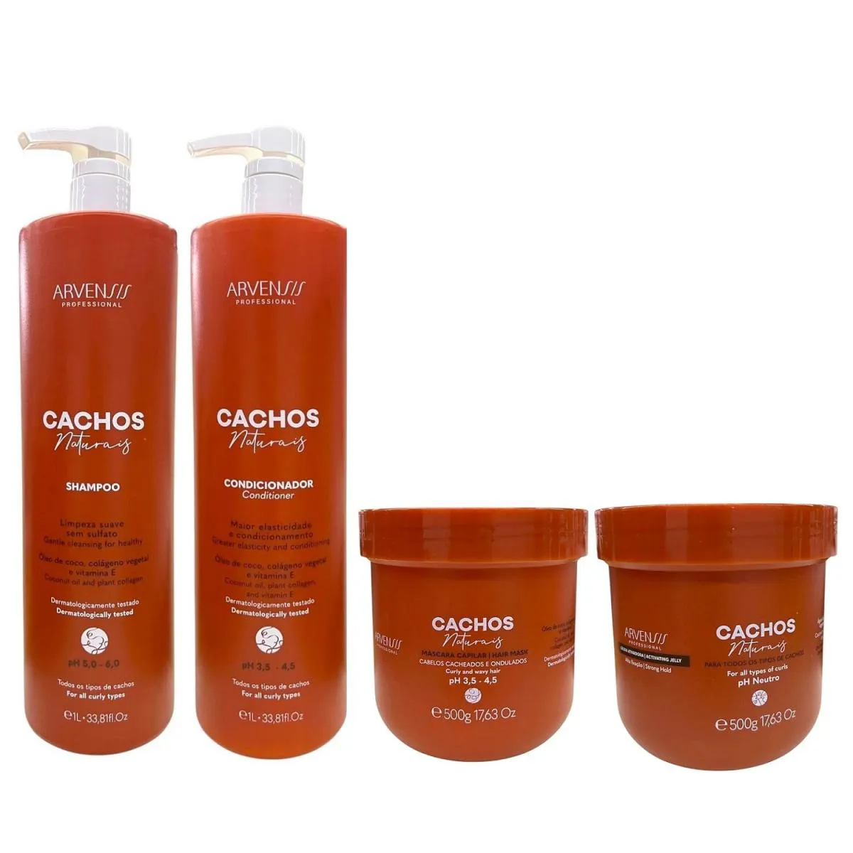 KIT ARVENSIS PROFESSIONAL CACHOS NATURAIS - SHAMPOO 1L + CONDICIONADOR 1L + MáSCARA 500G + GELEIA ALTA FIXAçãO 500G
