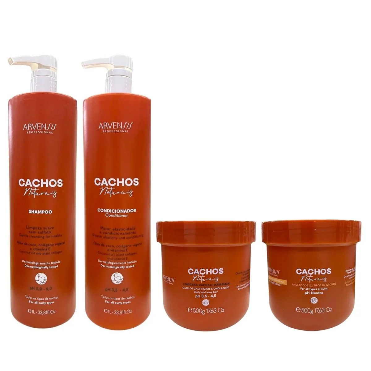 KIT ARVENSIS PROFESSIONAL CACHOS NATURAIS - SHAMPOO 1L + CONDICIONADOR 1L + MáSCARA 500G + GELEIA ATIVADORA 500G
