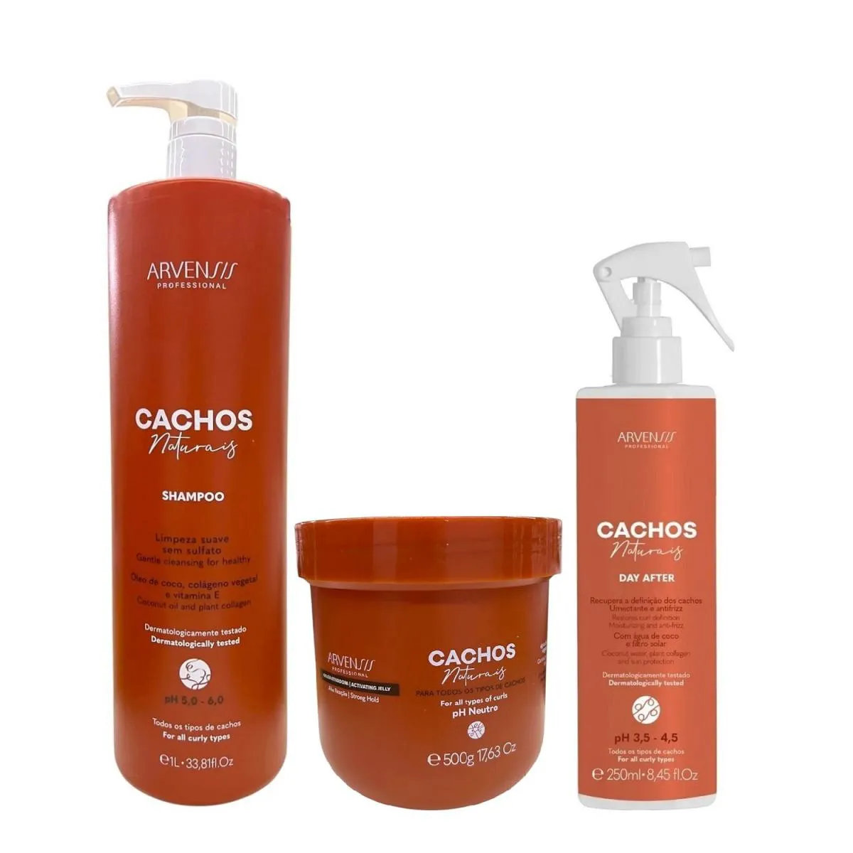 KIT ARVENSIS PROFESSIONAL CACHOS NATURAIS - SHAMPOO 1L + GELEIA ALTA FIXAçãO 500G + DAY AFTER 250ML
