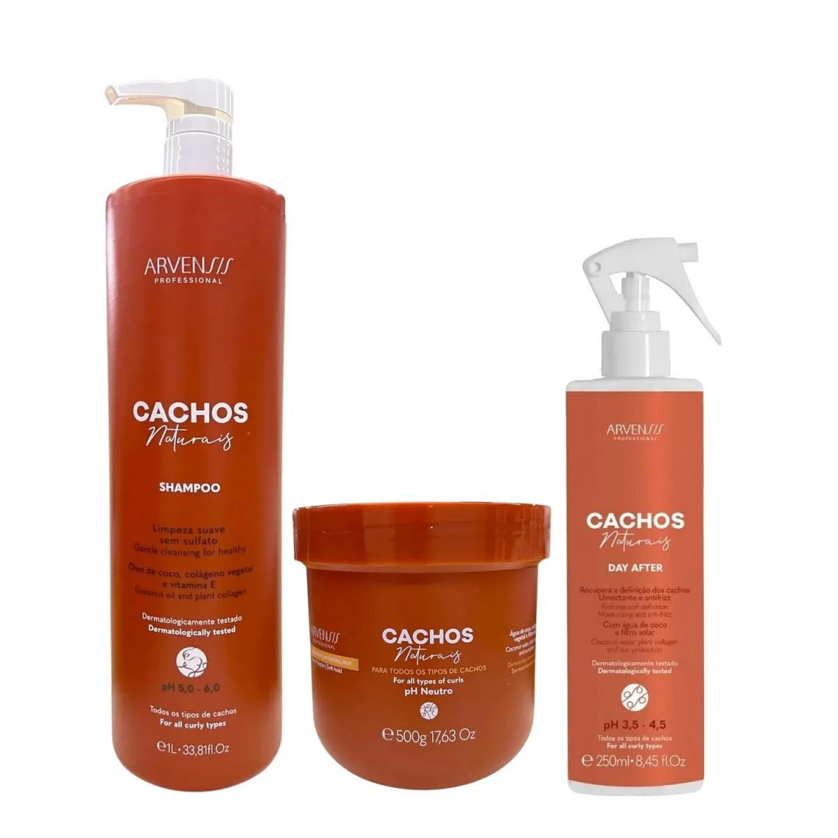KIT ARVENSIS PROFESSIONAL CACHOS NATURAIS - SHAMPOO 1L + GELEIA ATIVADORA 500G + DAY AFTER 250ML