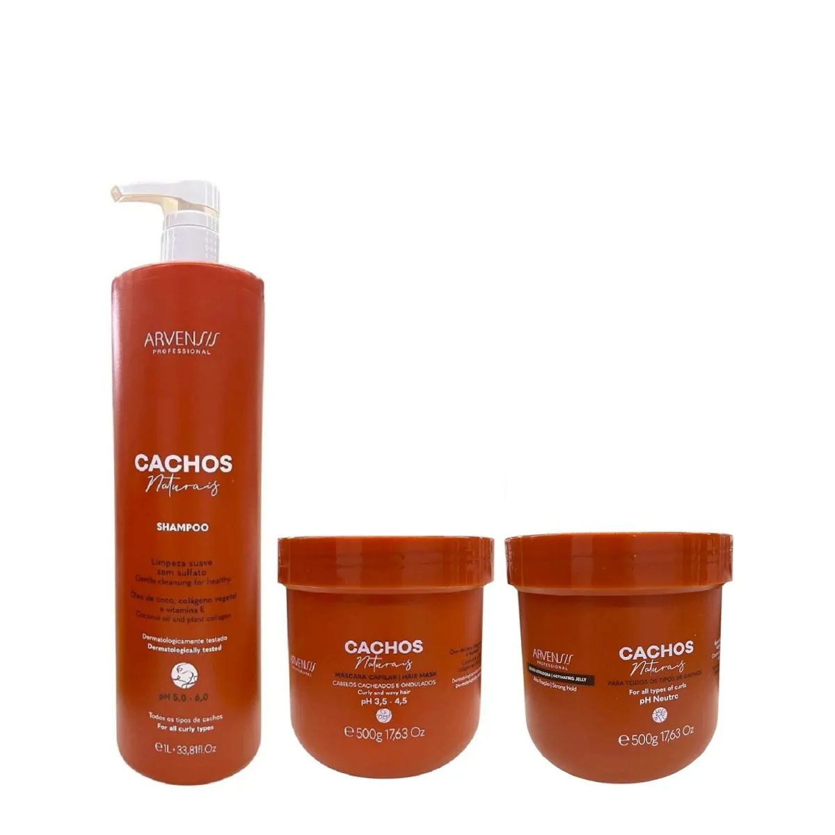 KIT ARVENSIS PROFESSIONAL CACHOS NATURAIS - SHAMPOO 1L + MáSCARA 500G + GELEIA ALTA FIXAçãO 500G