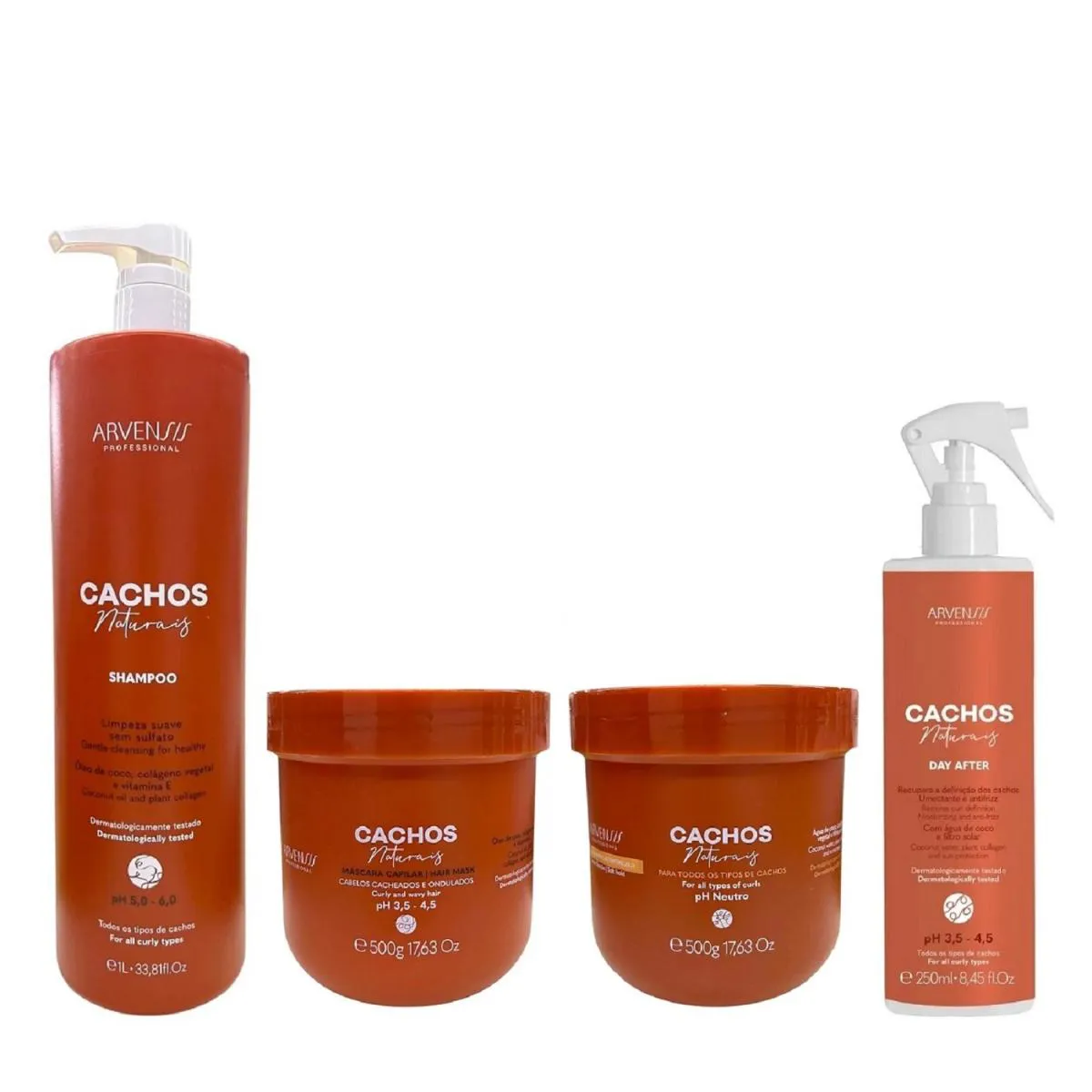 KIT ARVENSIS PROFESSIONAL CACHOS NATURAIS - SHAMPOO 1L + MáSCARA 500G + GELEIA ATIVADORA 500G + DAY AFTER 250ML