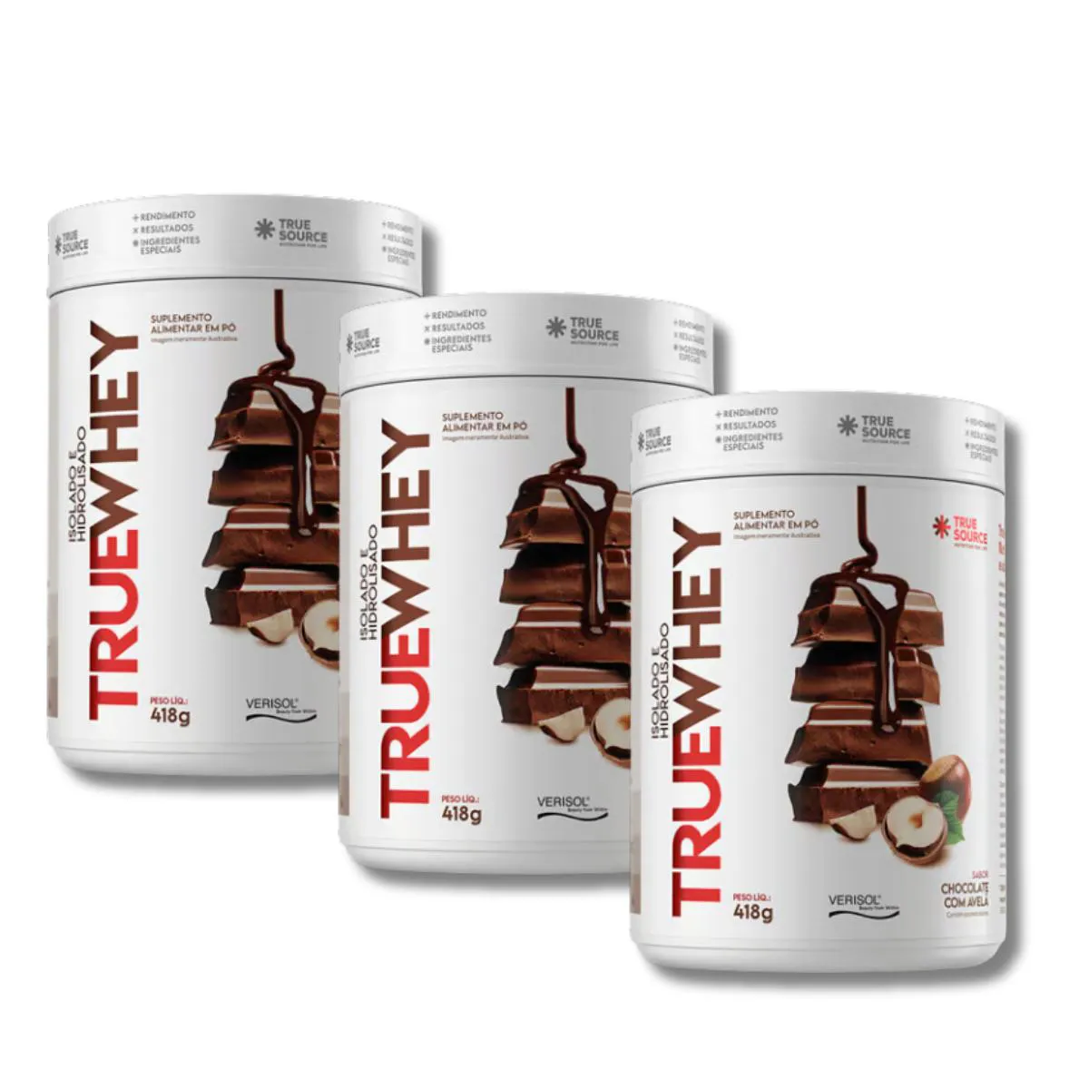 KIT 3 TRUEWHEY HIDRO 418G TRUESOURCE CHOCOLATE COM AVELã