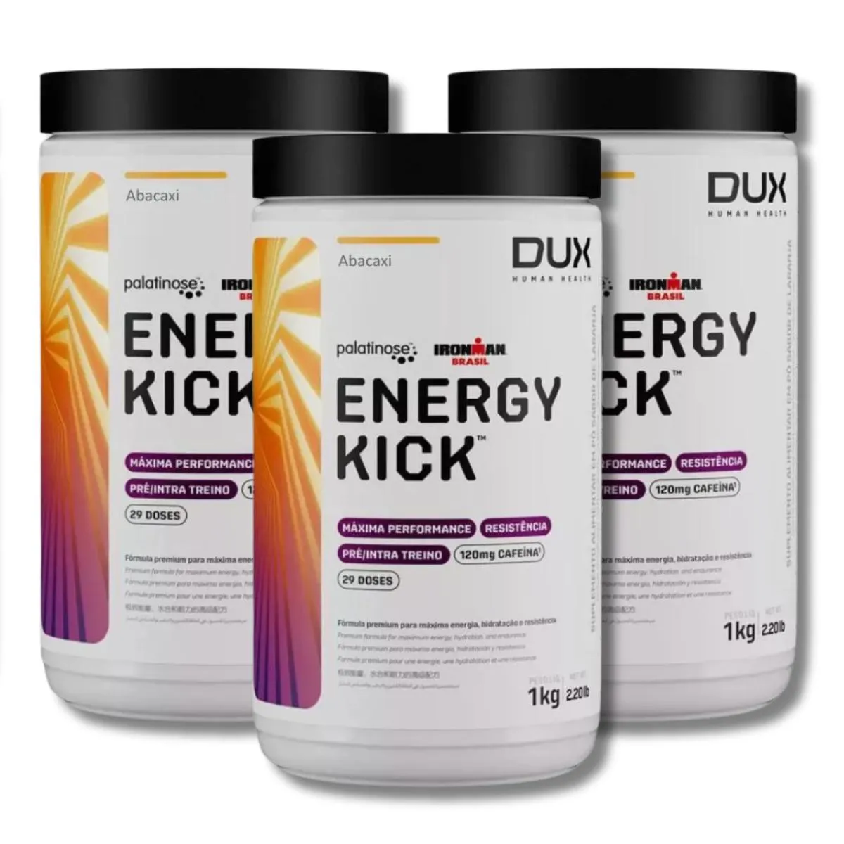 KIT 3 ENERGY KICK CAFFEINE 1000G DUX NUTRITION SABOR:ABACAXI