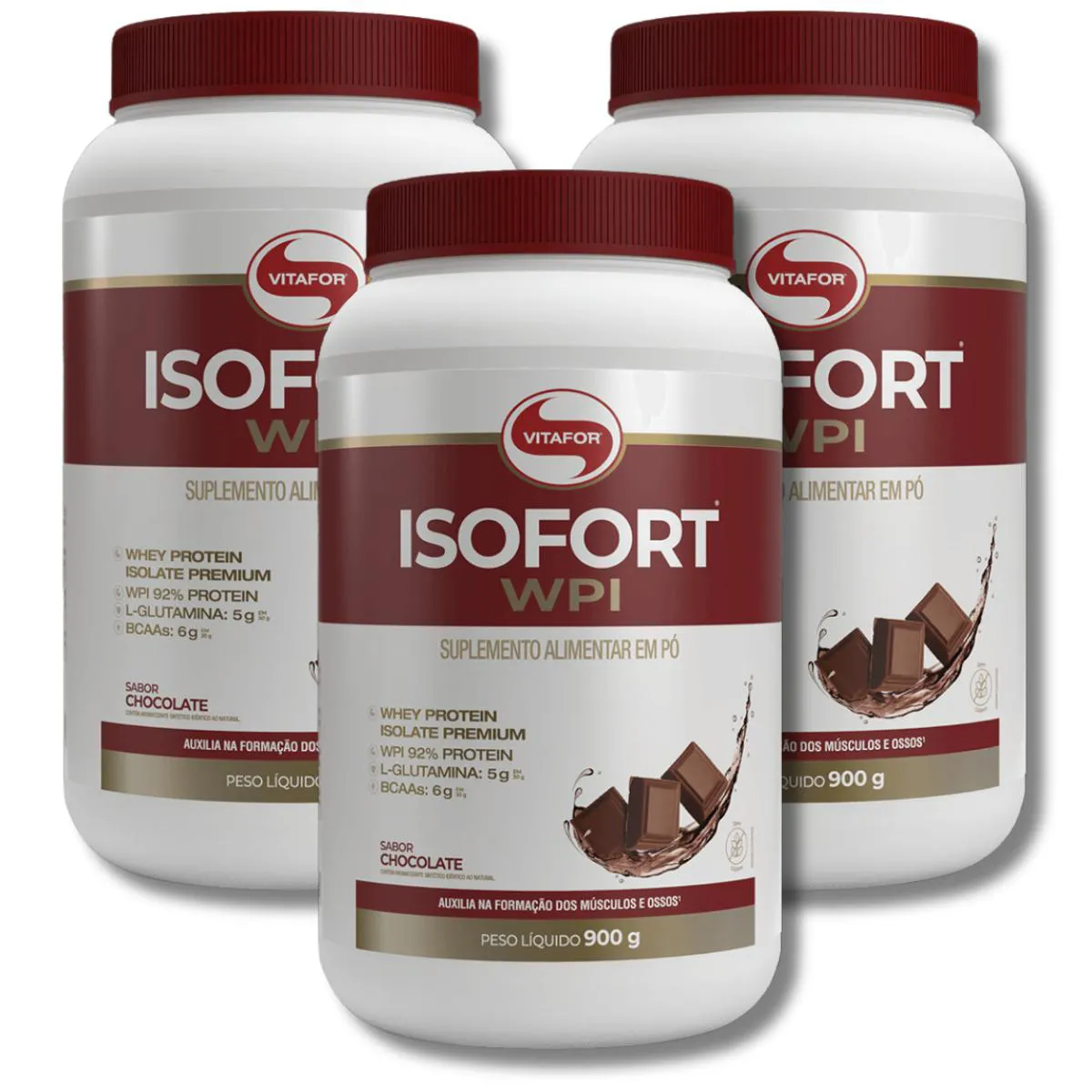 KIT 3 ISOFORT WPI CHOCOLATE WHEY ISOLADO 900G VITAFOR