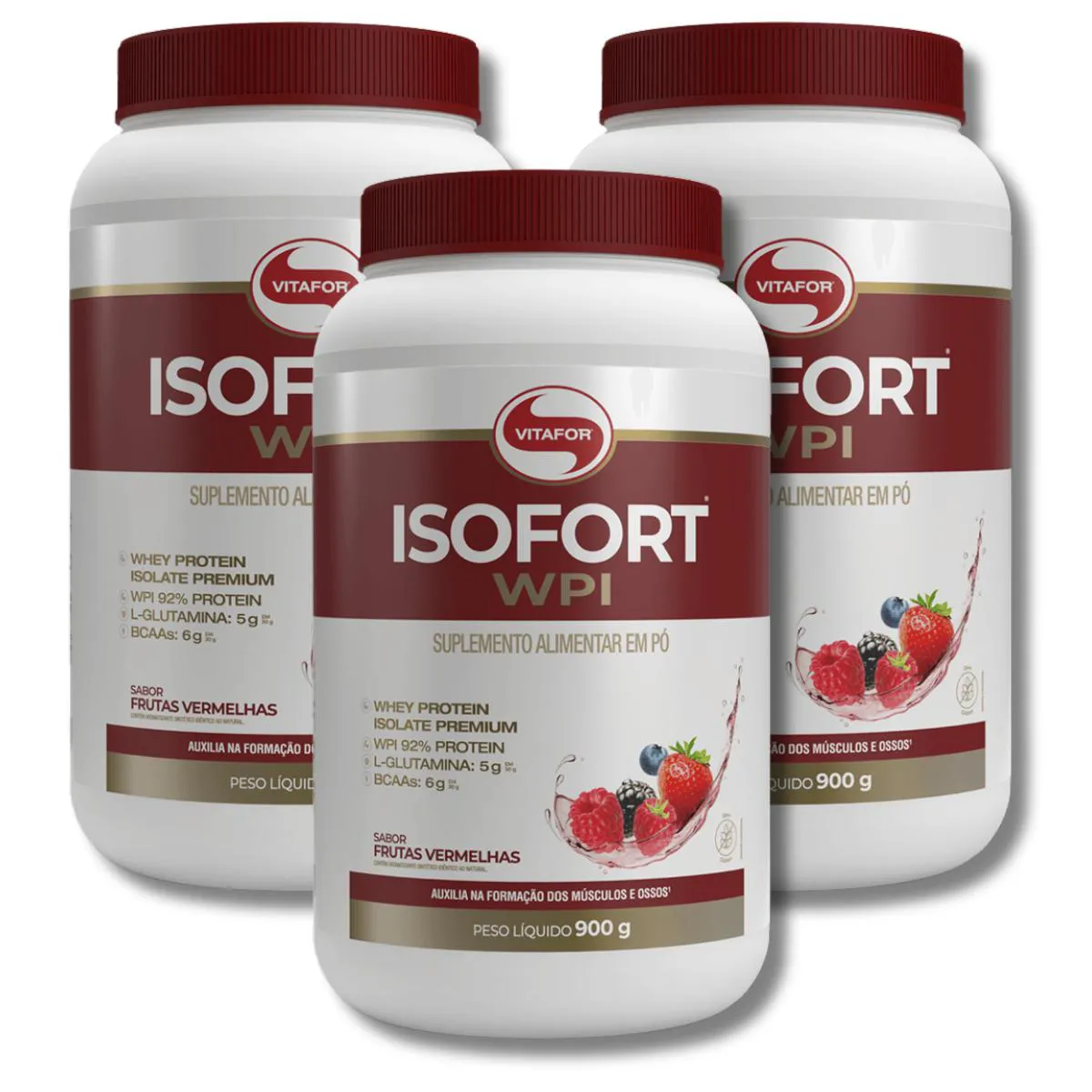 KIT 3 ISOFORT WPI FRUTAS VERMELHAS WHEY ISOLADO 900G VITAFOR