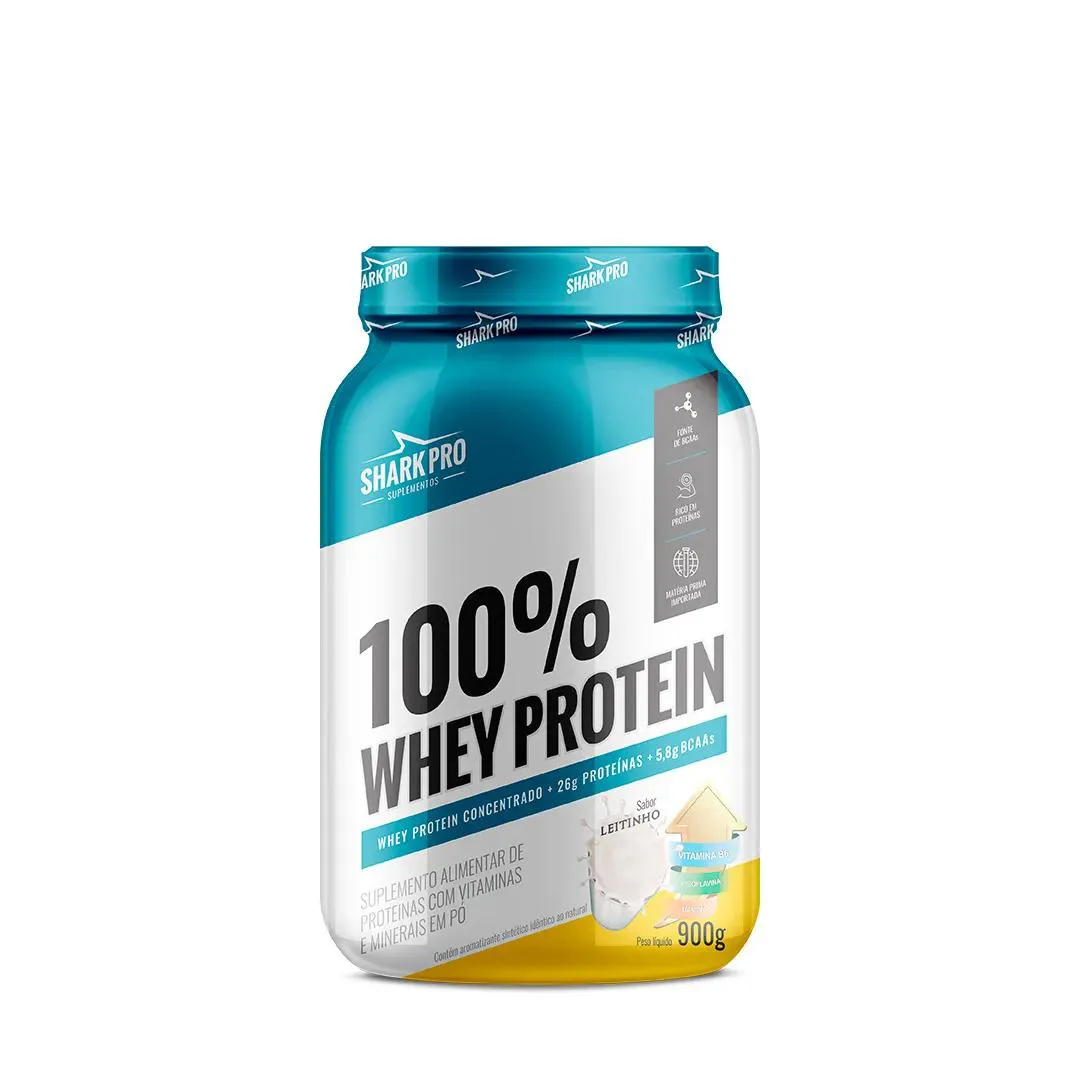 100% WHEY PROTEIN POTE 900G SHARK PRO SABORES Leitinho