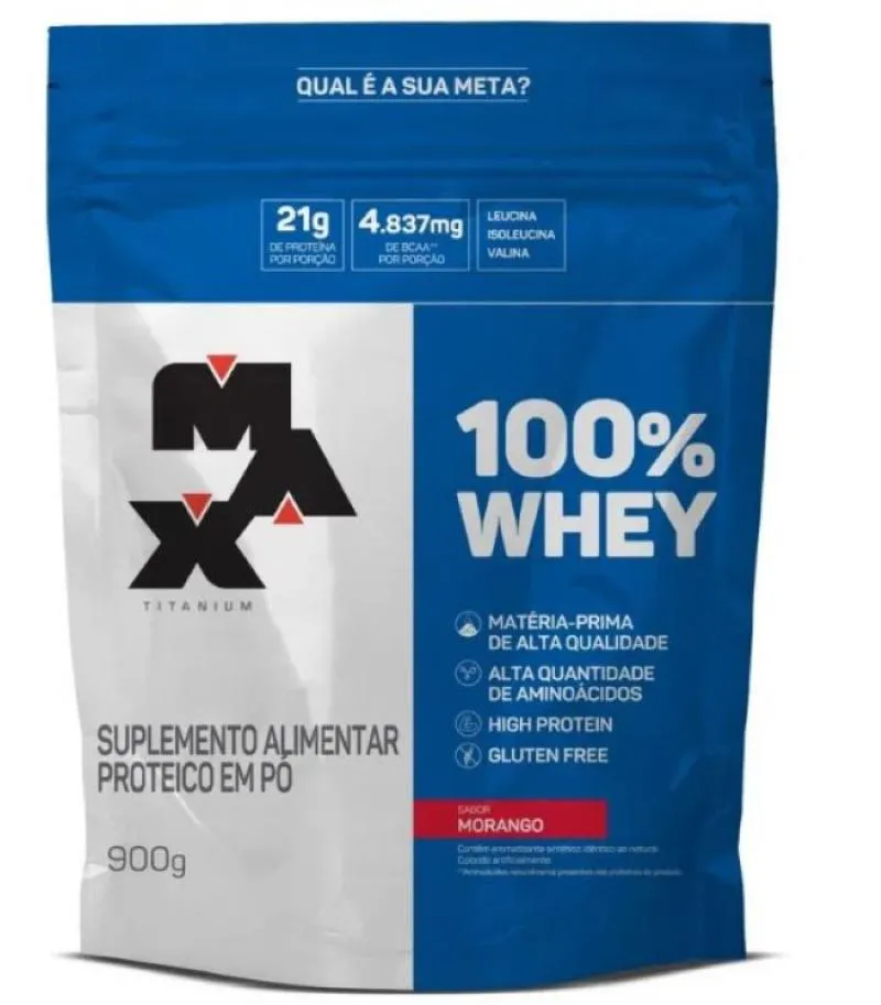 100% WHEY REFIL 900G MAX TITANIUM PROTEINA CONCENTRADA WPC Morango