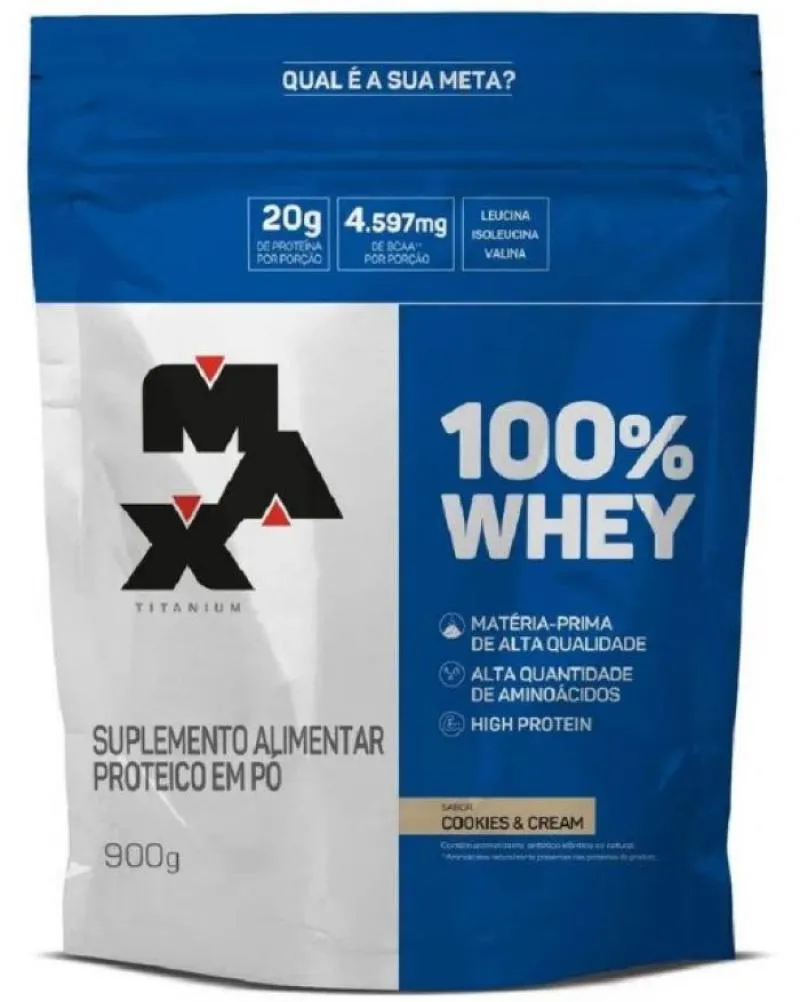 100% WHEY REFIL 900G MAX TITANIUM PROTEINA CONCENTRADA WPC Cookies COM Creme