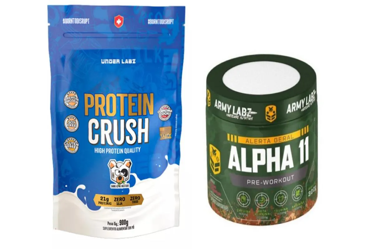 KIT 1X PROTEIN CRUSH REFIL 900G UNDER LABZ + 1X PRé TREINO ALPHA 11 300G ARMY LABZ Leite E Frutas Vermelhas