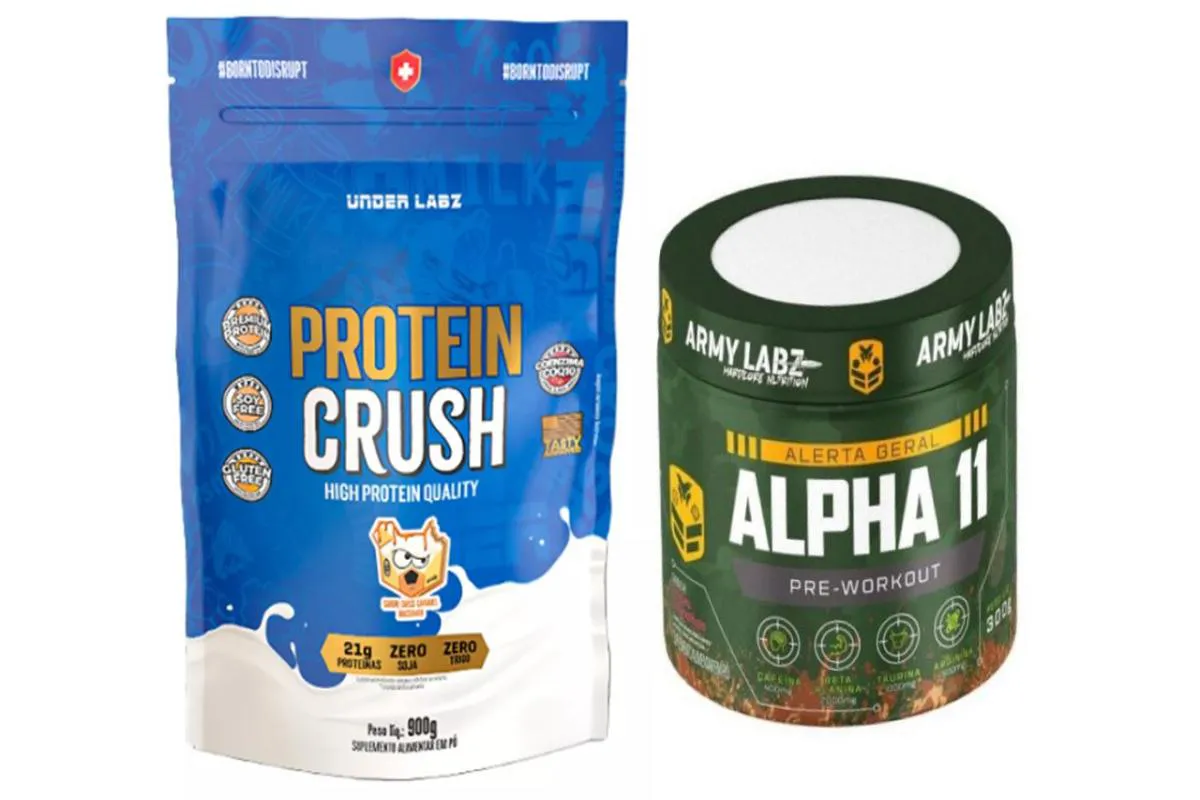 KIT 1X PROTEIN CRUSH REFIL 900G UNDER LABZ + 1X PRé TREINO ALPHA 11 300G ARMY LABZ Caramelo E FRT Vermelhas